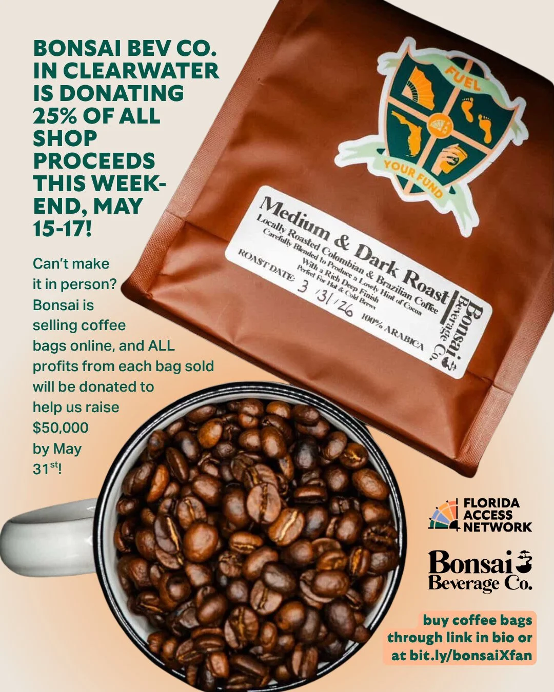 Bonsai Beverage Co. in Clearwater is donating 25% of ALL shop proceeds the weekend of May 15-1! Be sure to stop by! Can't make it in person? Bonsai Beverages Co. is selling coffee bags and donating proceeds to our fundraiser! ALL profits from each co