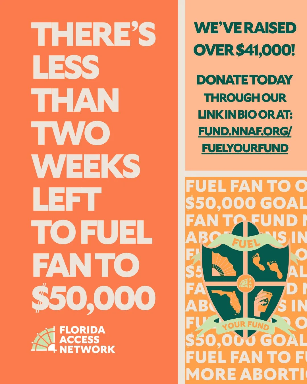 There's less than two weeks left to fuel FAN to our $50,000 goal! 🔥🪭💗 We've raised over $41,000, and we need our FAN fam to help us cross that finish line 🏃🏾 Every dollar raised will go directly into our work funding abortion seekers in Florida,