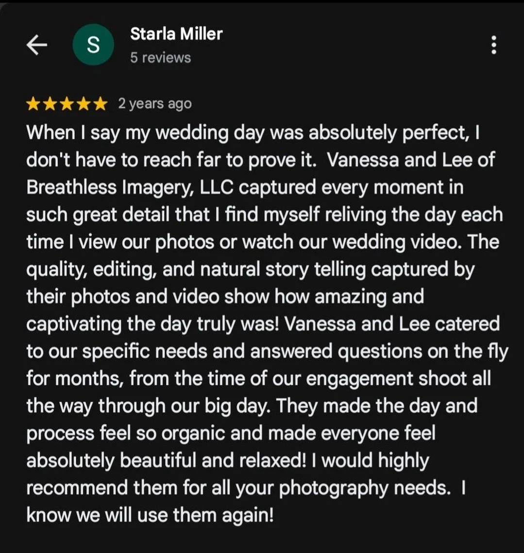 We are so grateful for amazing clients like Starla! Reading this review completely made our day! ✨ Thank you for trusting us with your special memories! 💛📸 #BreathlessImagery #JaxWeddings