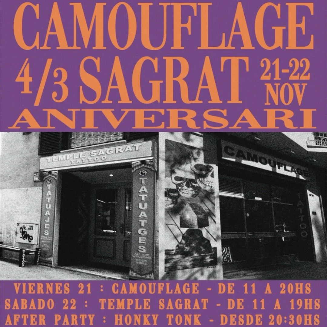 &iexcl;Este a&ntilde;o lo celebramos por todo lo alto! 
Camouflage y Temple Sagrat Tattoo unimos fuerzas para dos d&iacute;as de flash day!!! 

🗓️ Viernes 21 de Noviembre &mdash; 11:00-20:00h @camouflagetattoo 
🗓️ Sabado 22 de Noviembre &mdash;11:0