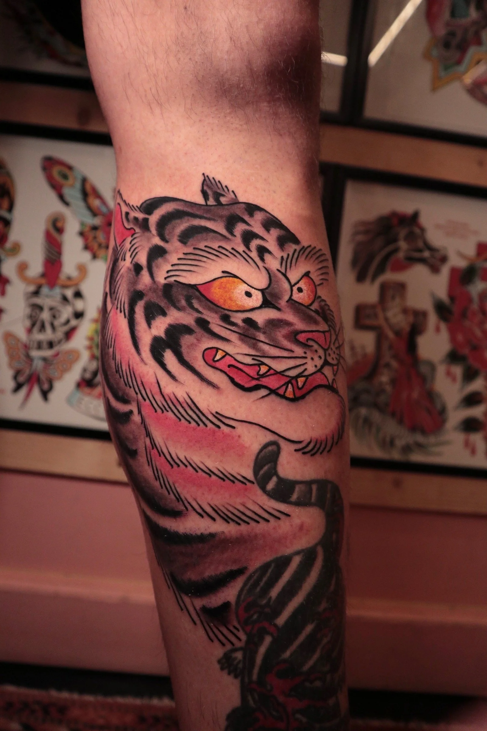 leg tattoo, masculine tattoo, korean tiger tattoo, 
 color tattoo, Japanese tattoo, tattoo, traditional tattoo, Mallorca tattoo