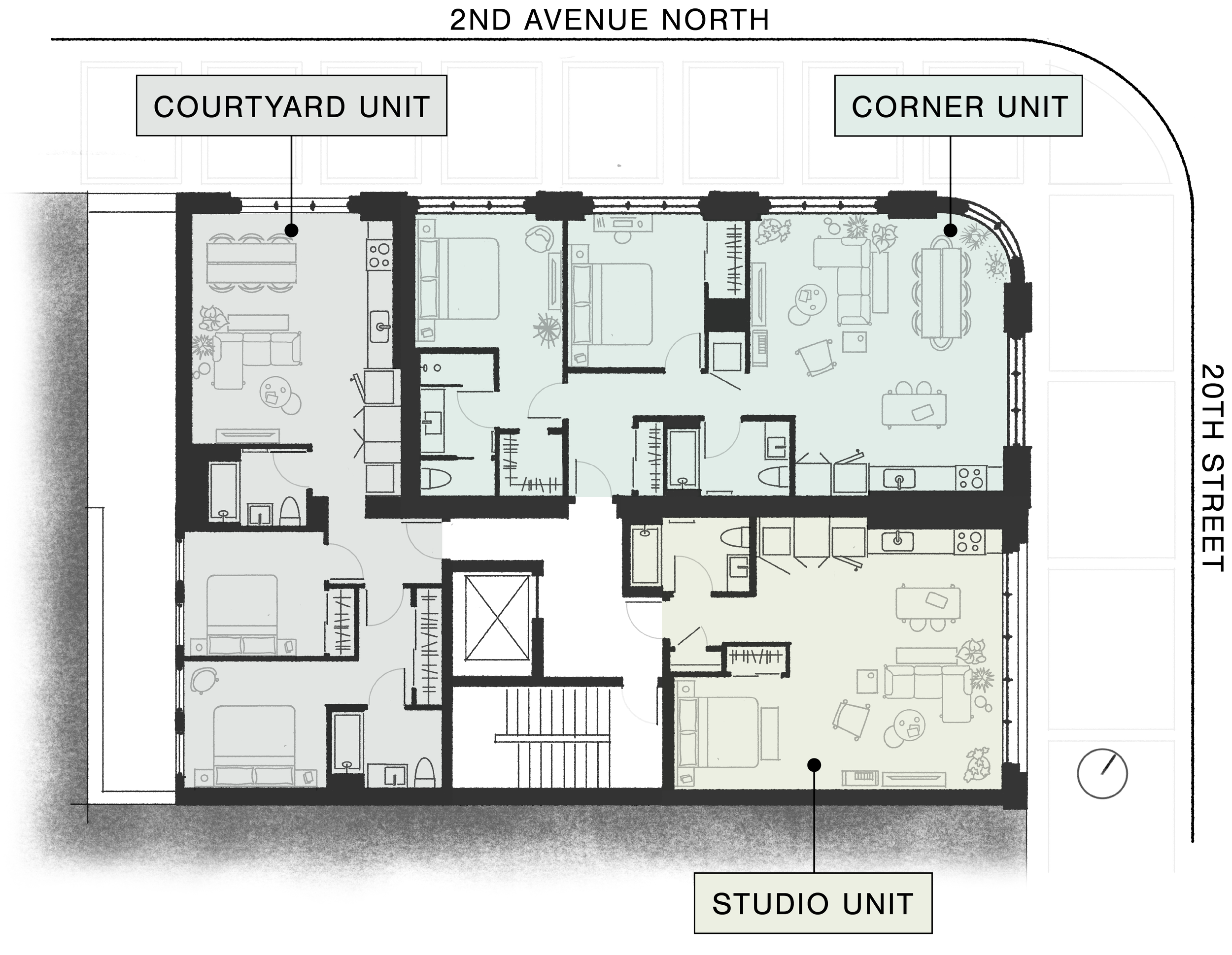 Residential floor plan showing all three unit plans
