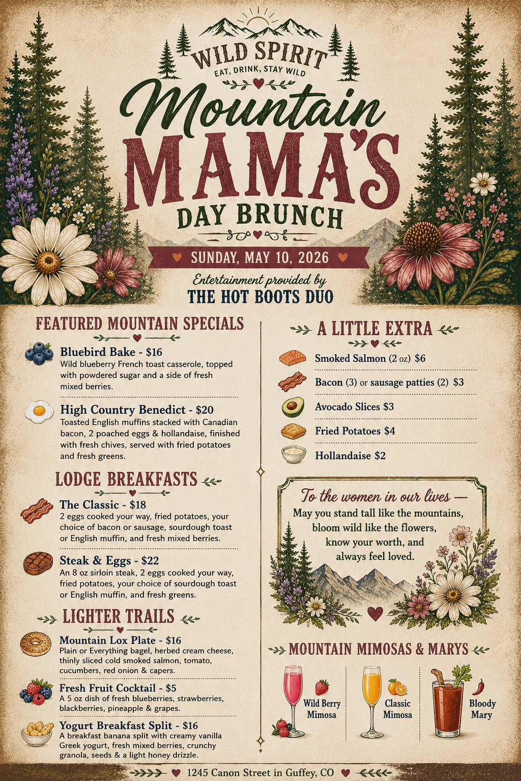 OPEN. Mother's Day Brunch @10:30-2:00