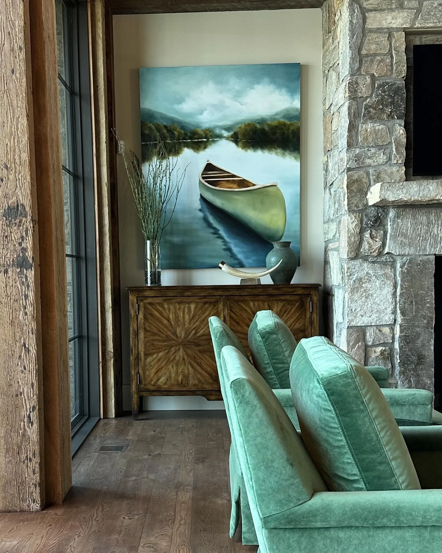I love this perspective shot of our Lake Toxaway project. We commissioned @andreacostastudio for this painting showing a view of the lake that our client provided.  All of the hues describes the view and home perfectly. Love it when that happens&hell