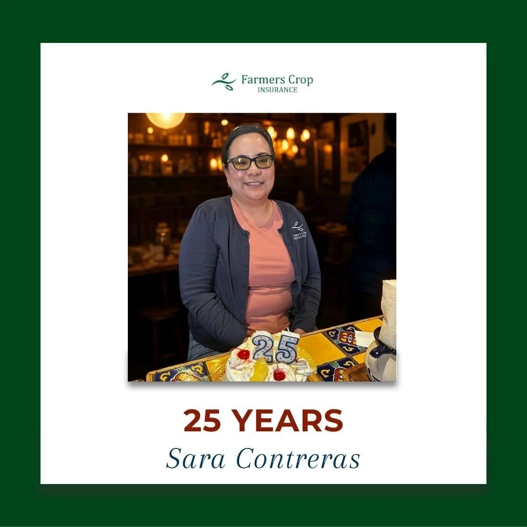 Today marks 25 years of outstanding service to the farmers and ranchers of South Texas for Sara Contreras here at Farmers Crop Insurance. 

Sara, we are thankful to have your kind heart and extensive knowledge here at FCI.