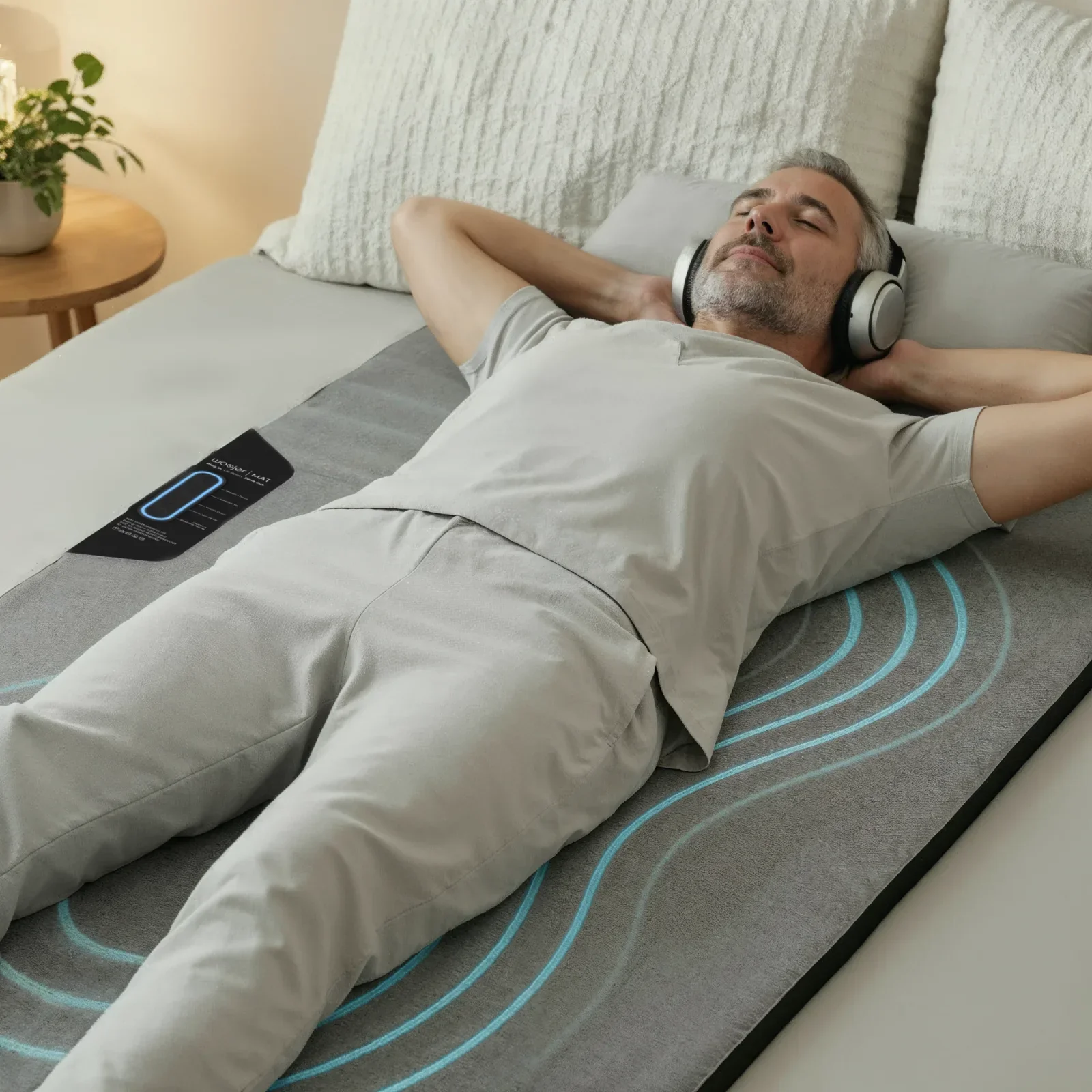 A person receiving a crystal healing session on their back, with various colored crystals placed on their body. 