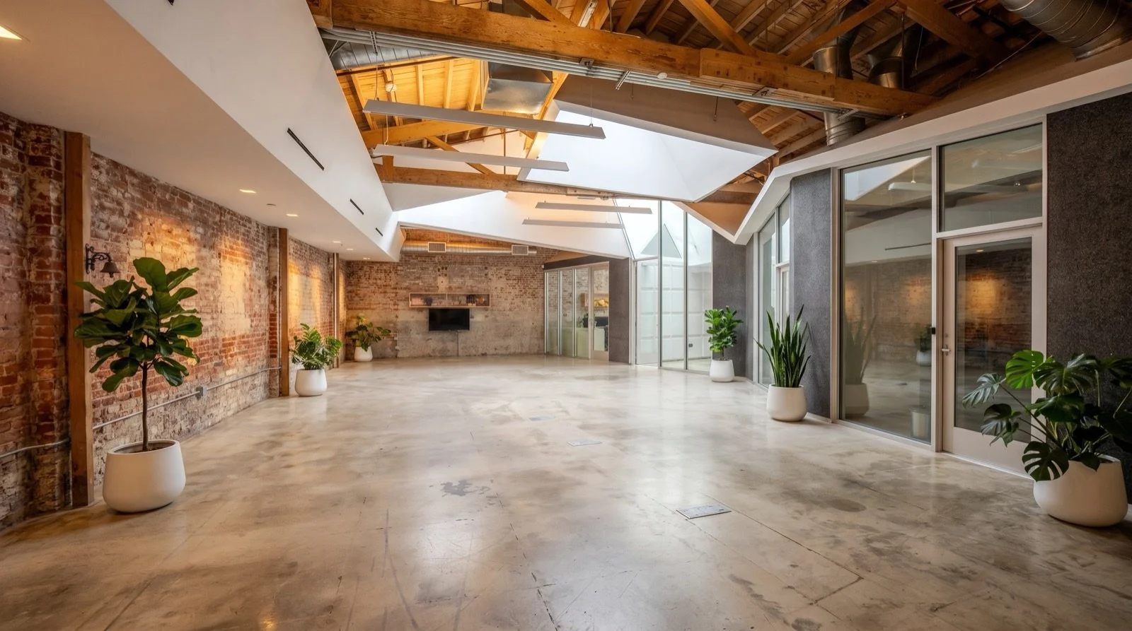 Spacious modern interior with exposed brick walls, large skylights, potted plants, and glass doors.