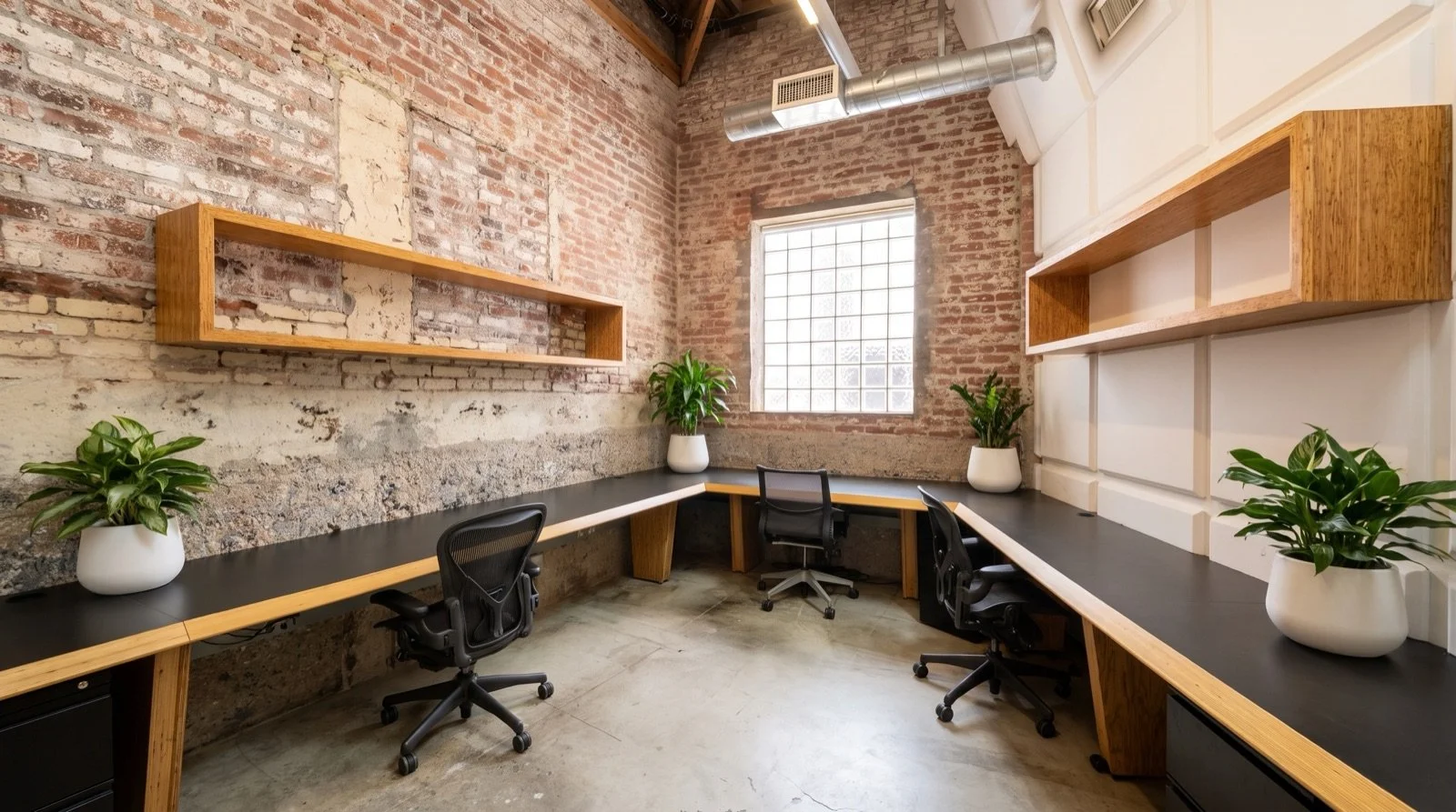 Small office with exposed brick walls, black desks with wood trim, black ergonomic chairs, and potted plants on each desk. There are wooden shelves on the walls and a large window with glass blocks.