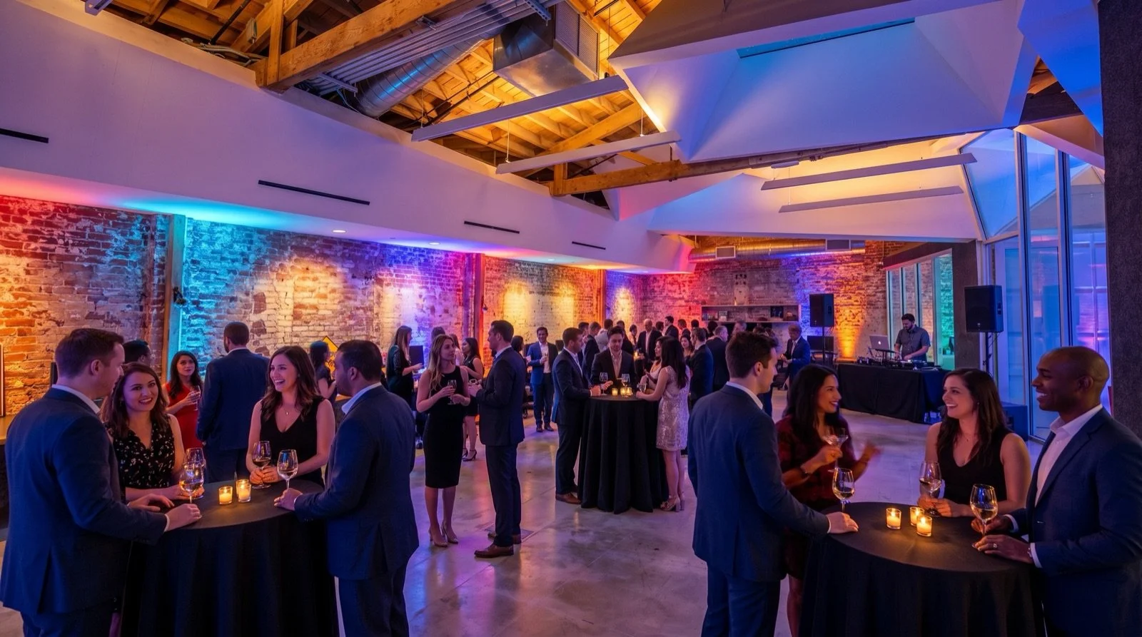 A lively social event in a spacious venue with exposed brick walls and colorful lighting. Guests in formal attire are standing around cocktail tables, holding drinks and engaging in conversations. There is a DJ or music setup in the background with s