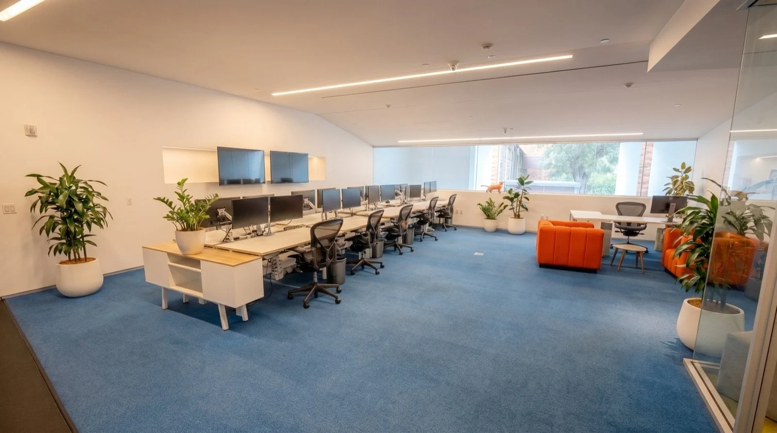 Modern office with multiple workstations, large window, potted plants, and orange seating area.