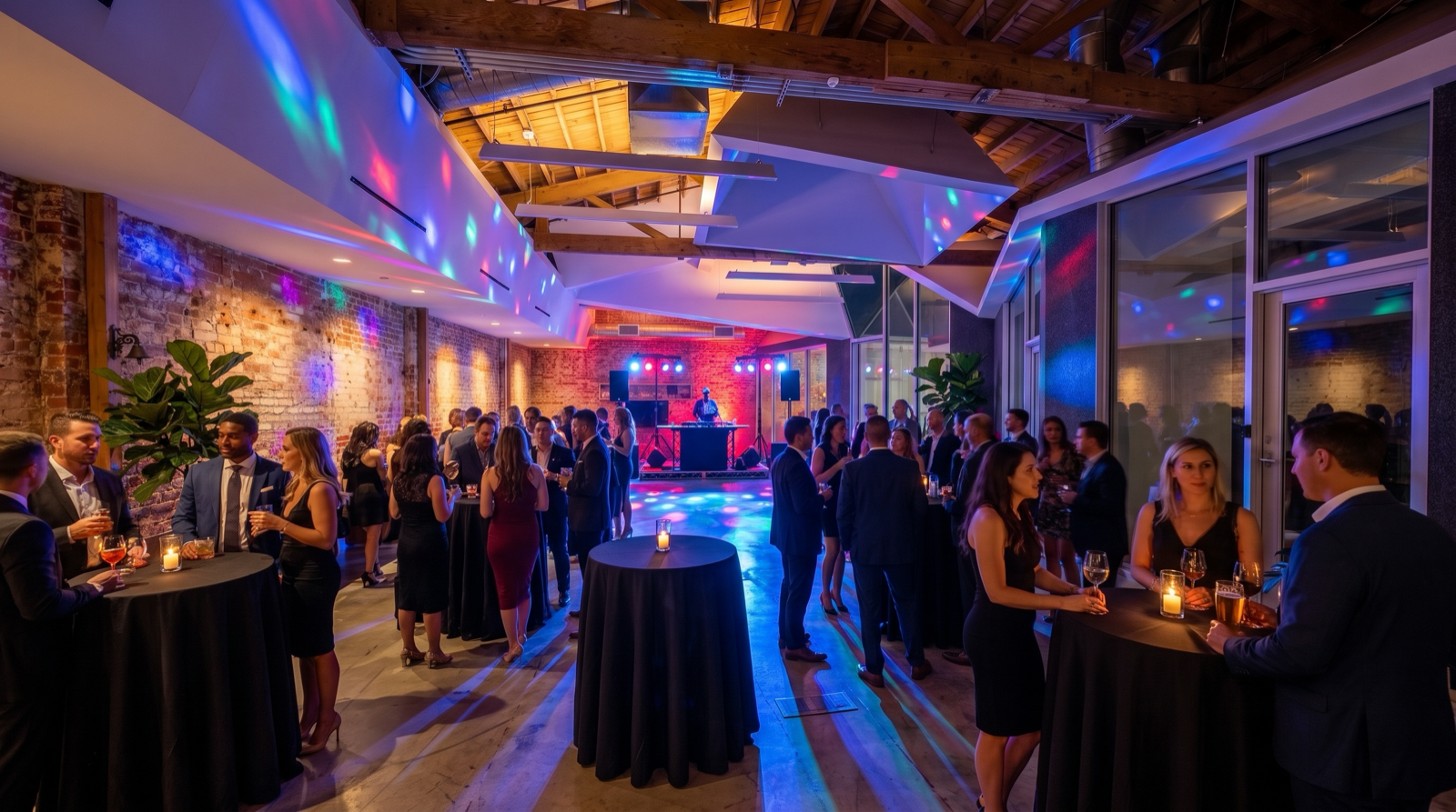 People attending a party or event in a modern, stylish venue with exposed brick walls, colorful lighting, and a DJ on stage. Guests are socializing around high tables with drinks and candles.