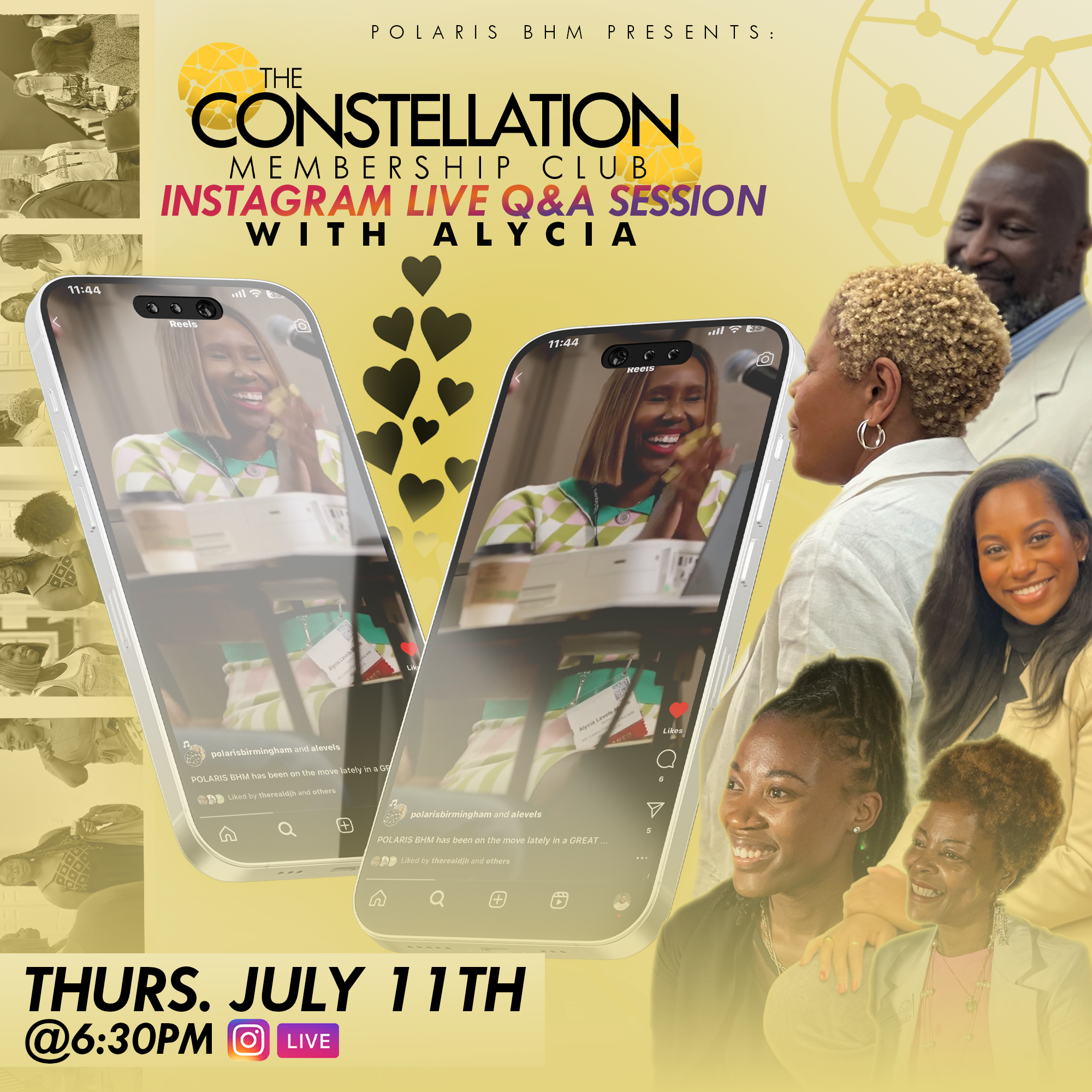 Flyer for The Constellation Membership Club's Instagram Live Q&A session with Alycia scheduled for Thursday, July 11th at 6:30 PM. Includes images of smiling diverse women and a man, and two smartphones displaying a woman smiling during a video call.