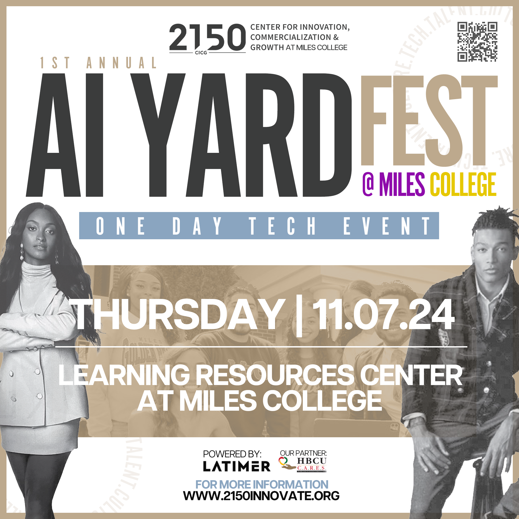 Poster for AI Yardfest at Miles College, a one-day tech event on Thursday, July 11, 2024, at the Learning Resources Center at Miles College, featuring photos of diverse young adults.