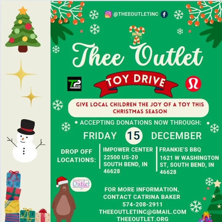 Thee Outlet Inc is thrilled to announce that we will be sponsoring a toy drive for the greater South Bend community, in partnership with @t2sportsperformance and @lululemon ! 

Our goal is to give local children the joy of a toy this Christmas season