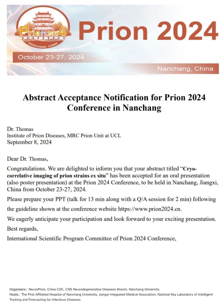Tom’s abstract selected for a talk at Prion 2024 in Nanchang!