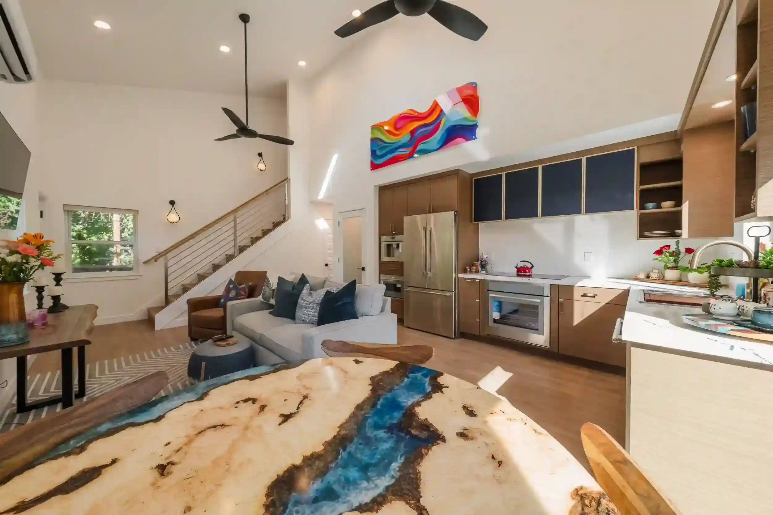 Architectural design for a modern Bay Area home interior with open layout, high ceilings, and custom finishes