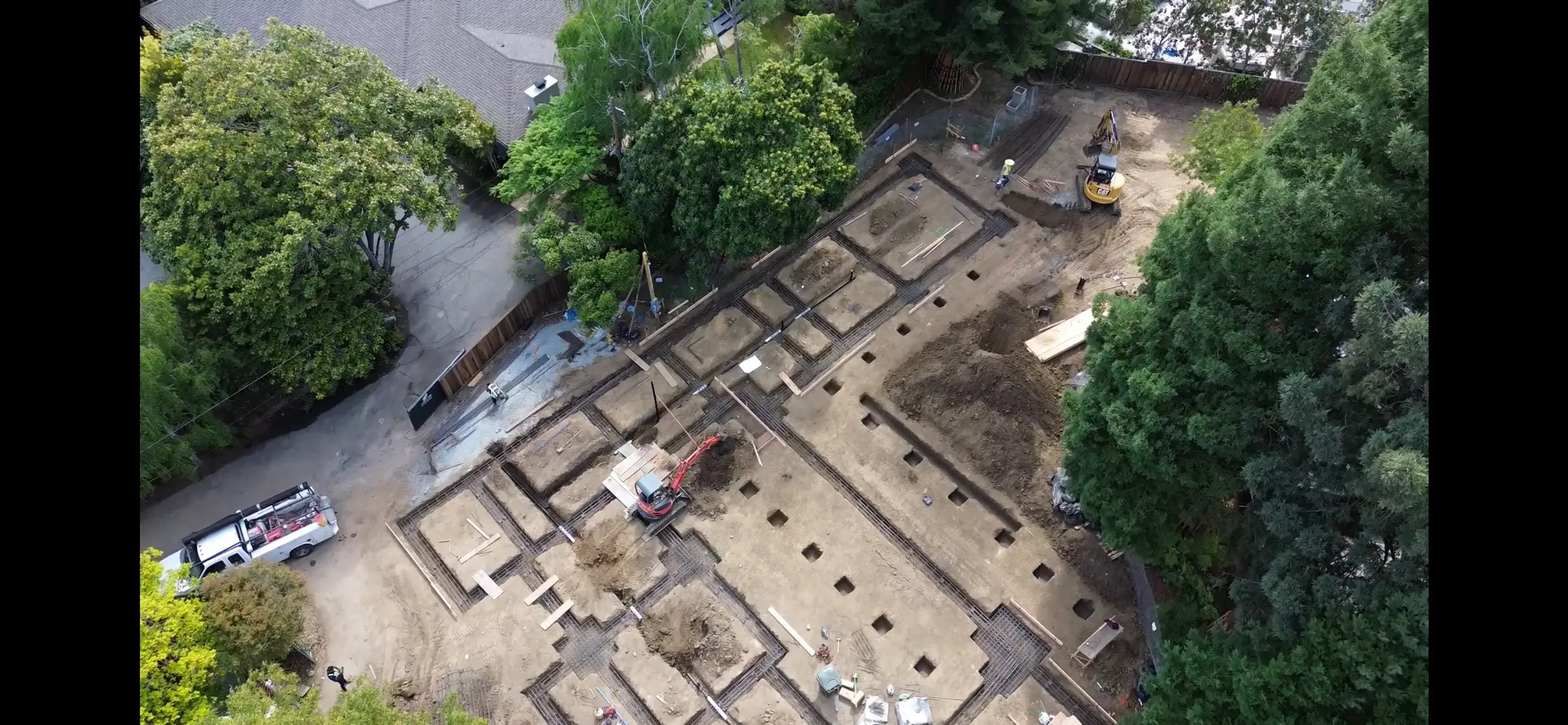 Drone image of in-progress structural foundation layout and formwork by Massoudi Consulting Engineers in the Bay Area