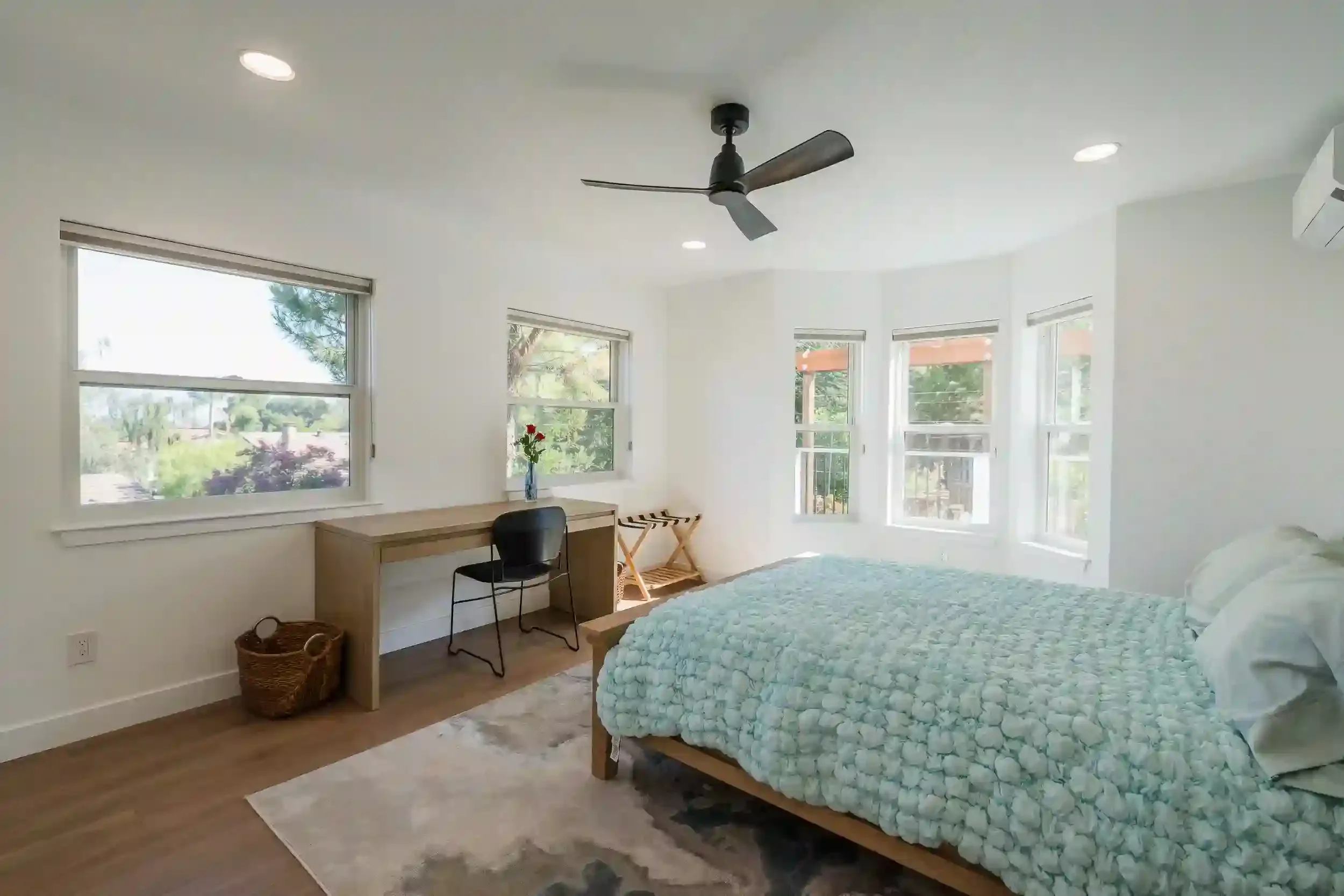 Contemporary bedroom in San Jose modern detached ADU, designed with architectural and structural engineering by Massoudi Consulting Engineers