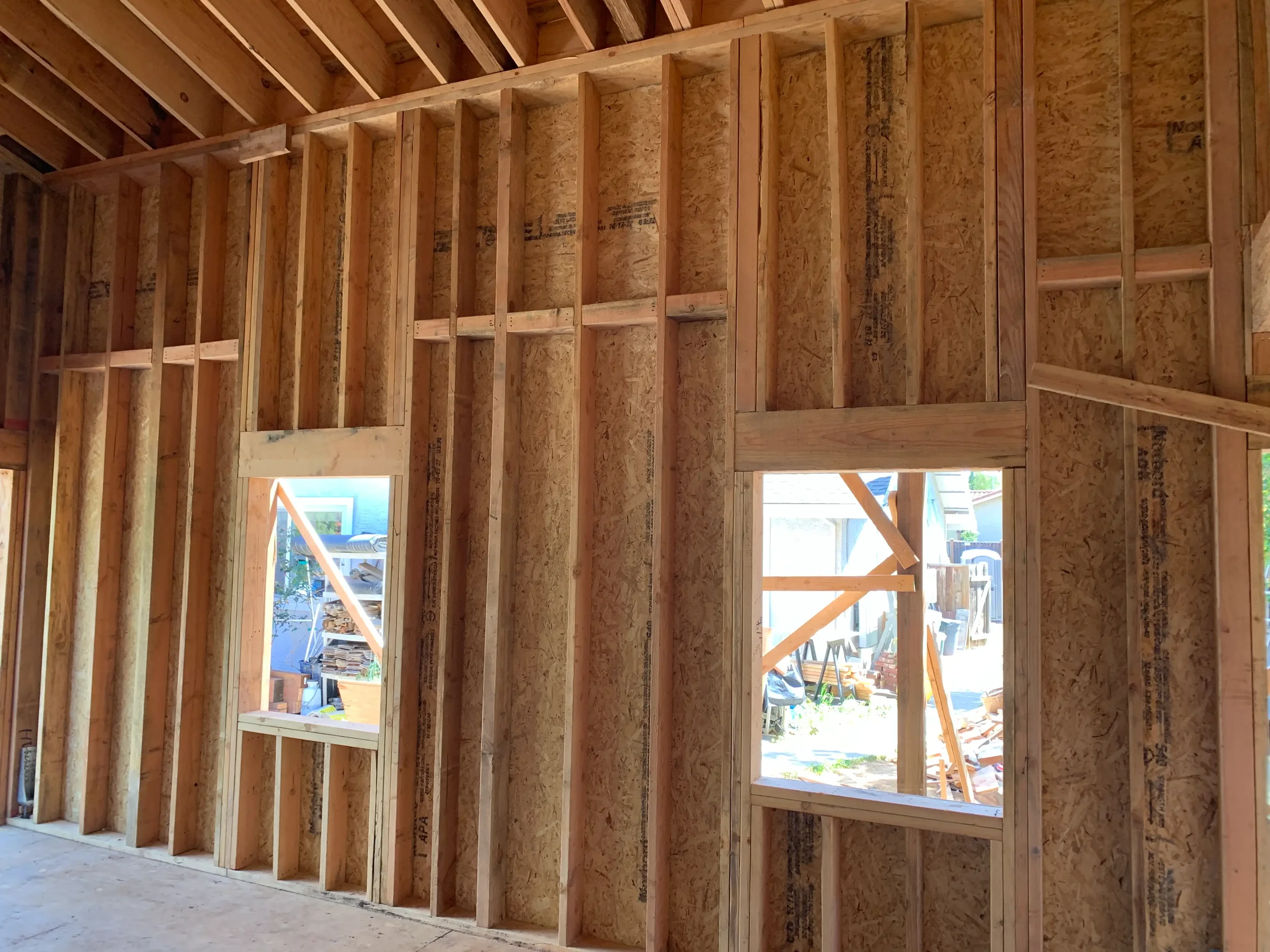 Wall framing layout in modern ADU project showcasing structural engineering design by Massoudi Consulting Engineers