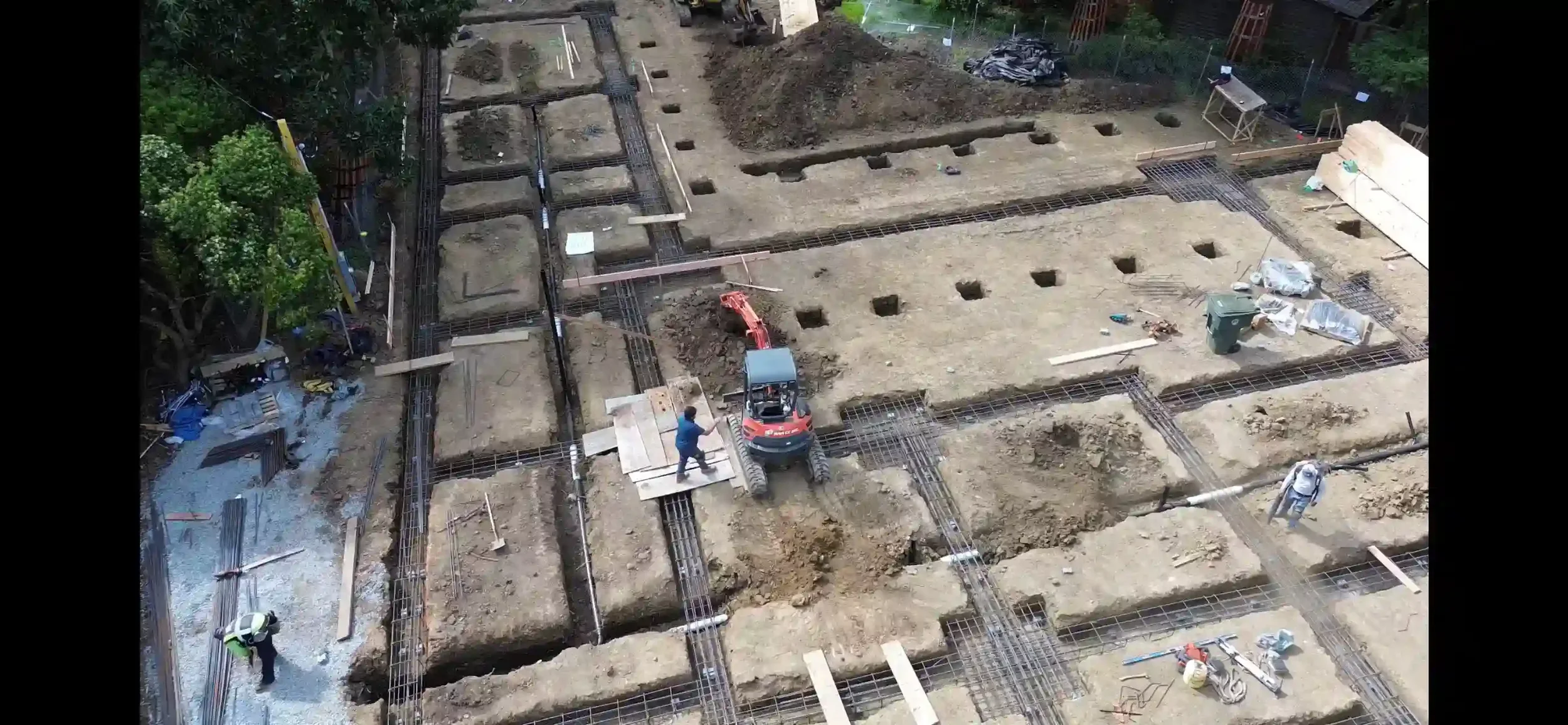 Aerial view of foundation and rebar placement for Bay Area residential construction engineered by Massoudi Consulting Engineers