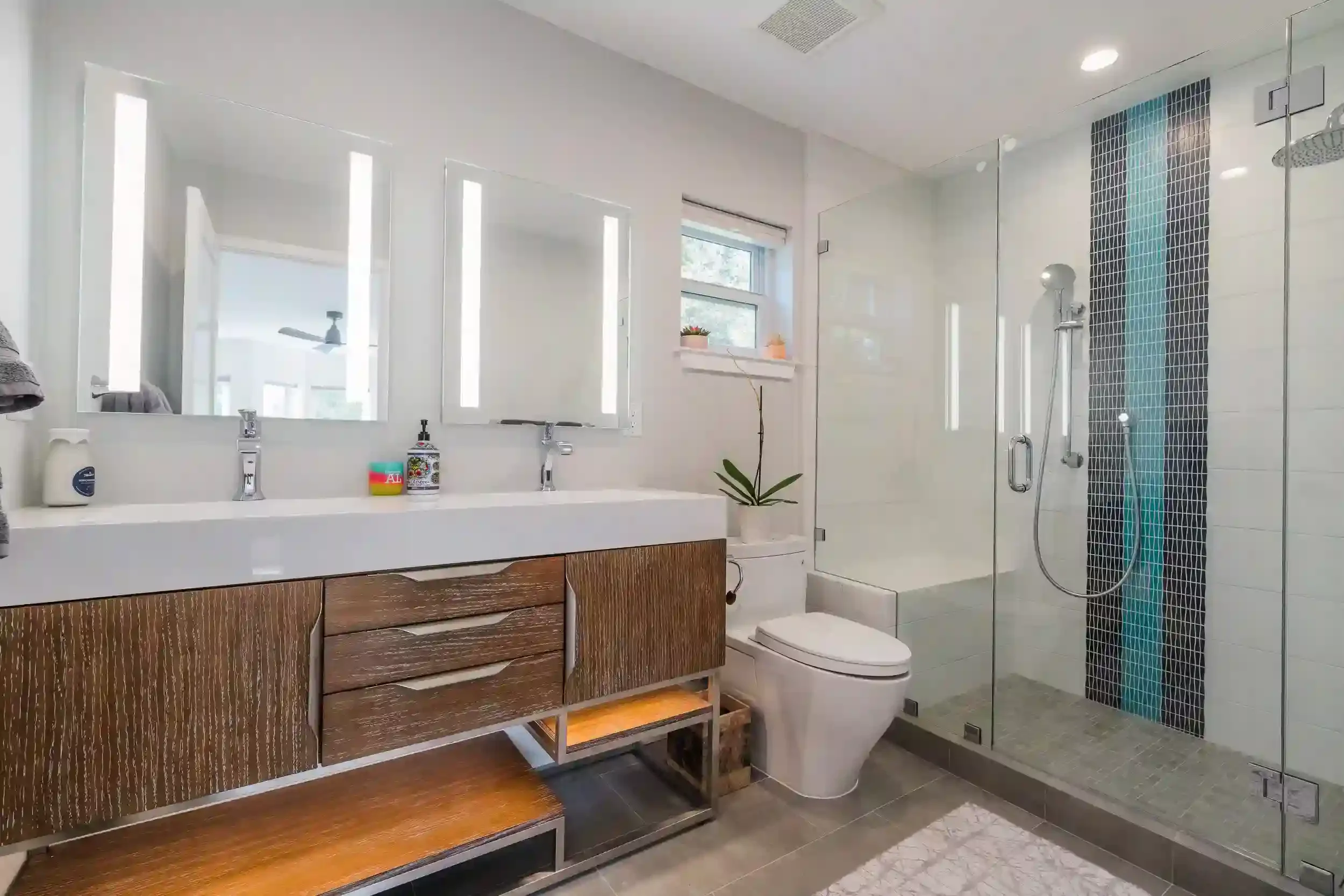 Contemporary bathroom in San Jose detached ADU, designed with architectural finishes and structural engineering by Massoudi Consulting Engineers