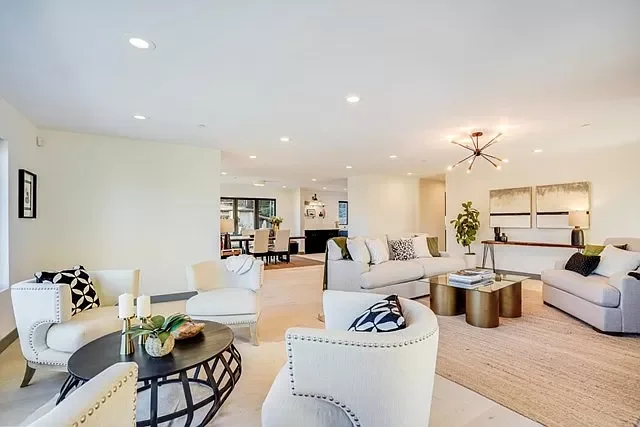 Living room opened up through removal of load-bearing walls in Bay Area home