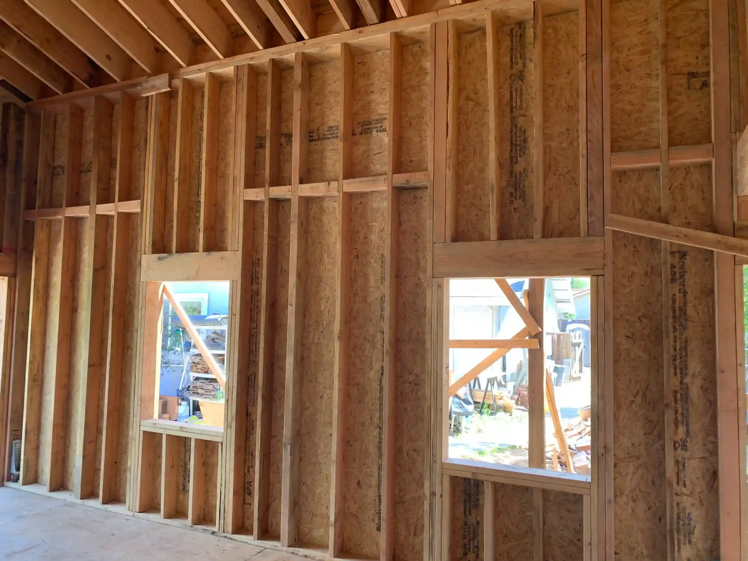 Wall framing layout in modern ADU project showcasing structural engineering design by Massoudi Consulting Engineers