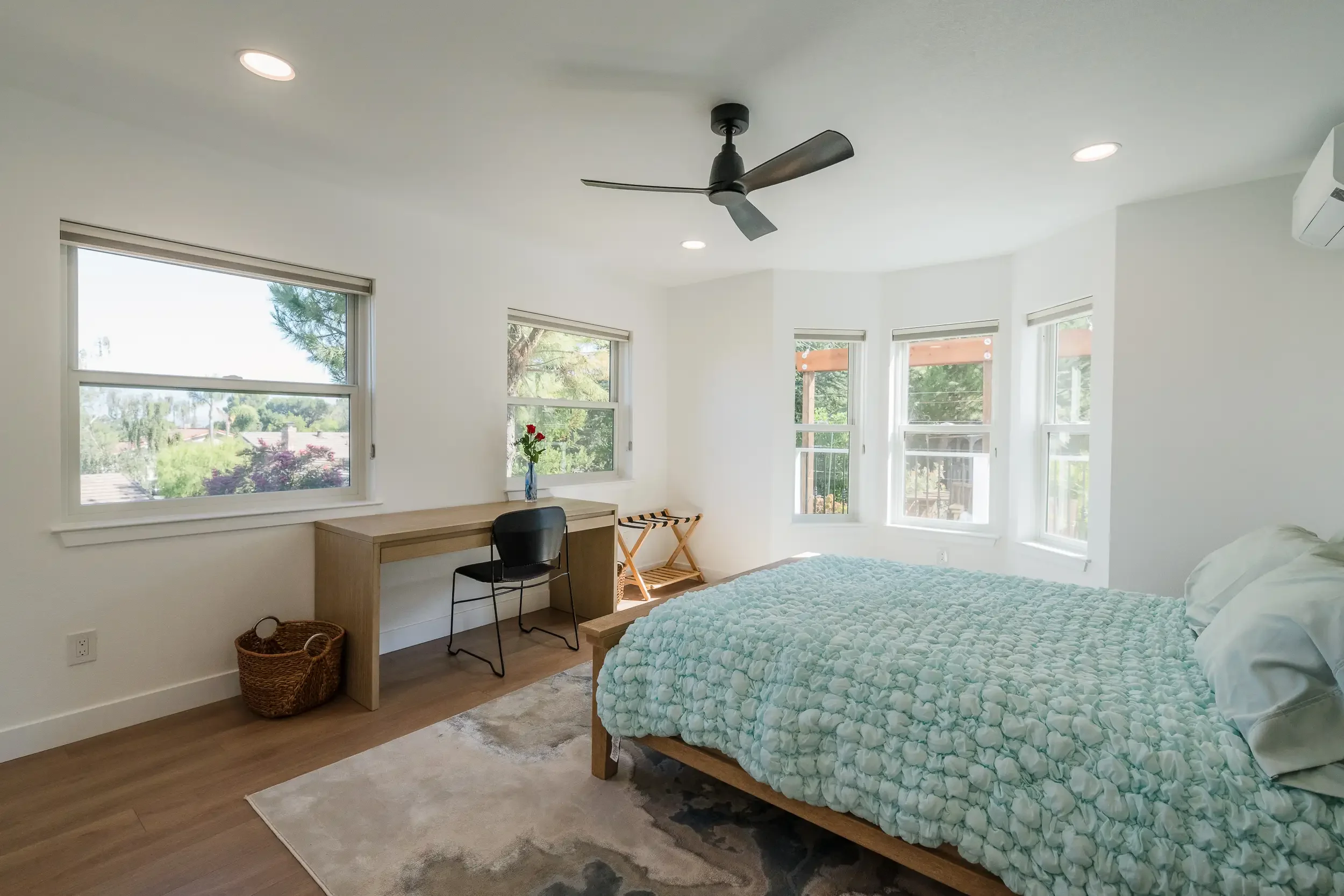 Contemporary bedroom in San Jose modern detached ADU, designed with architectural and structural engineering by Massoudi Consulting Engineers