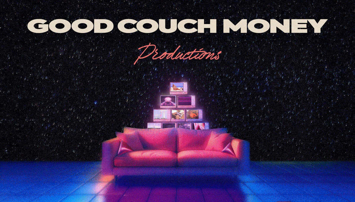 A neon-colored sofa in front of a wall decorated with vintage televisions and monitors displaying retro images, with the text 'Good Couch Money Productions' above.