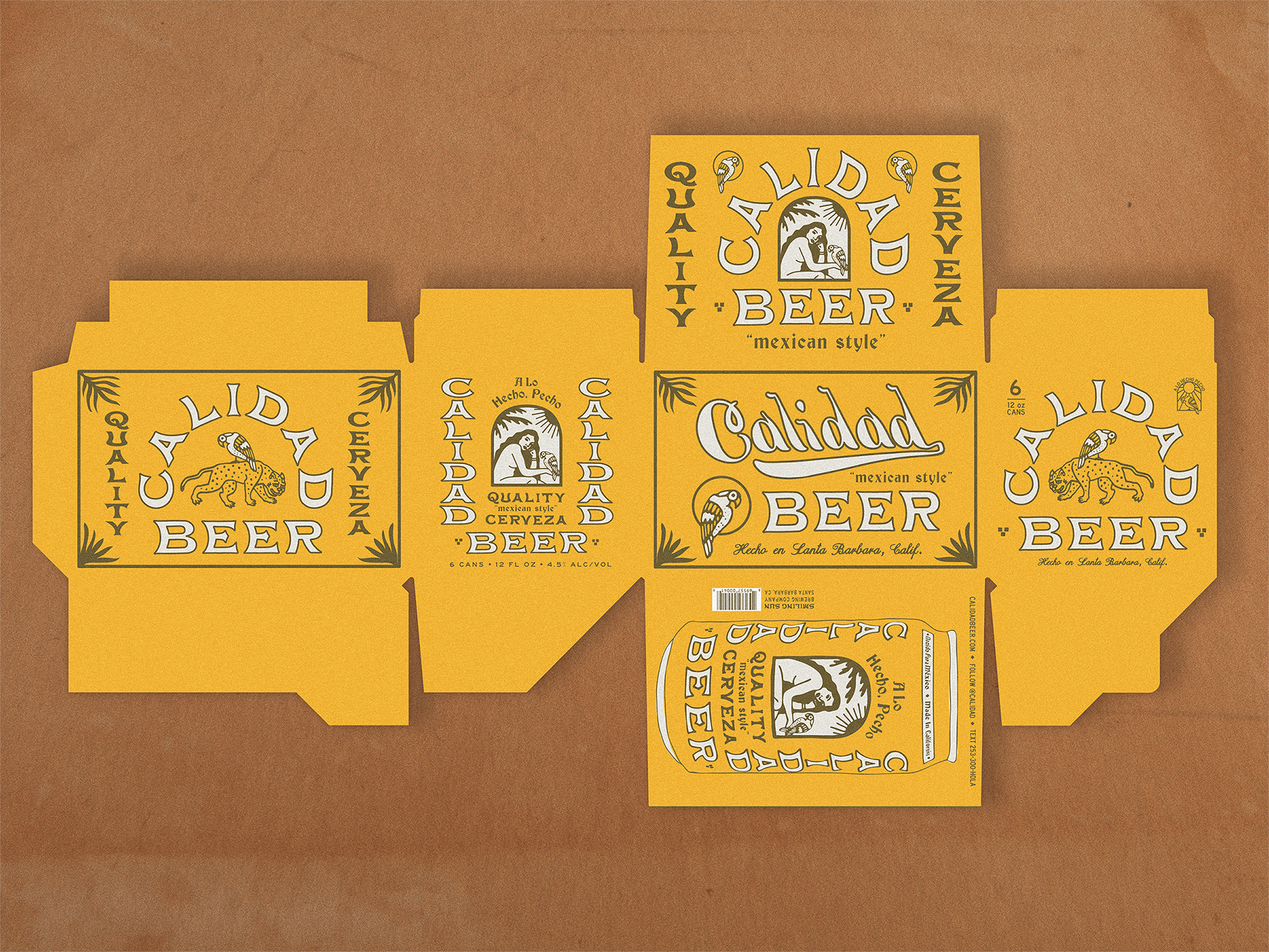 Three yellow beer box packaging designs with black and white text and illustrations, featuring a panther and a woman holding a beer bottle, with phrases like "Quality Cerveza," "Calidad Beer," and "Mexican Style."