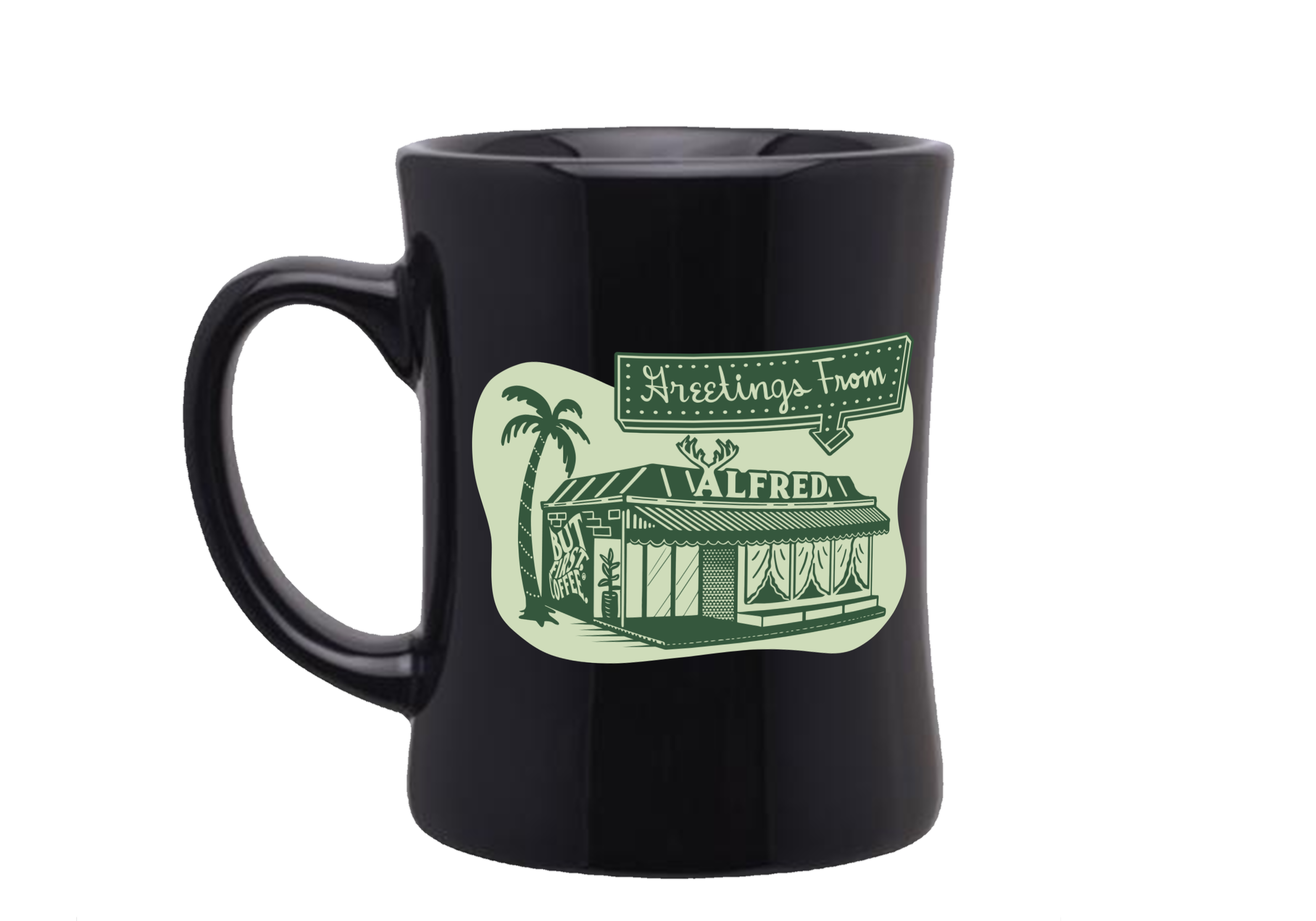 Black coffee mug with a green design and text that says 'Greetings From ALFREDA' and an illustration of a store with palm trees.