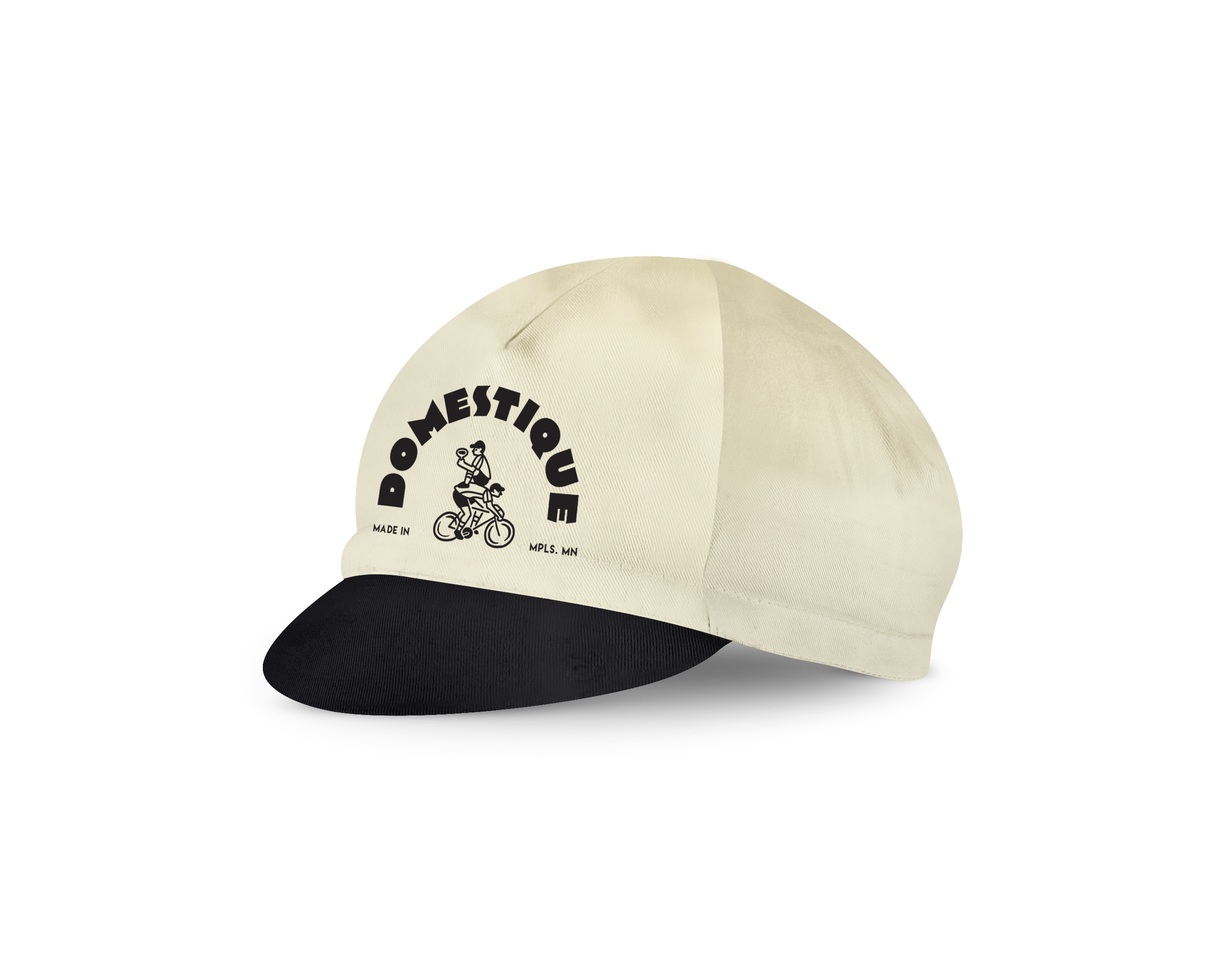A cream-colored baseball cap with black trim, featuring a logo of a person riding a motorcycle and the text "BOOMESTIQ" around the logo, made in Minnesota.