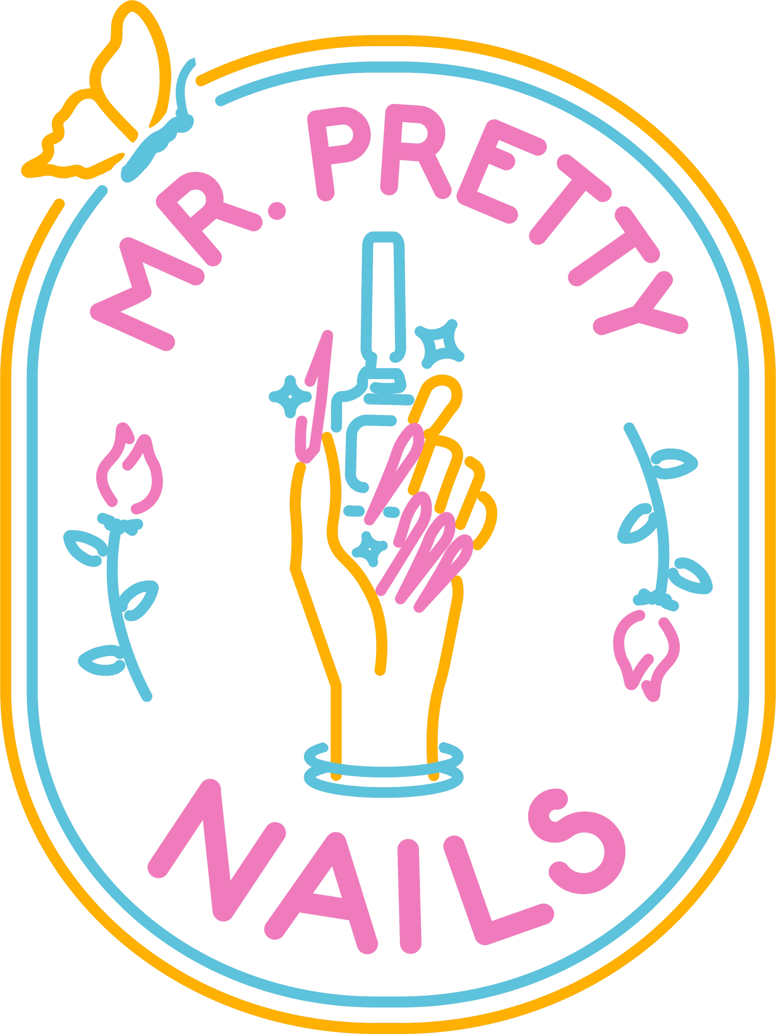 Neon sign with the text 'WMR. PRETTY' and 'VALE' in pink, featuring colorful lines, a butterfly, and a hand outlined in yellow, blue, and pink on a black background.