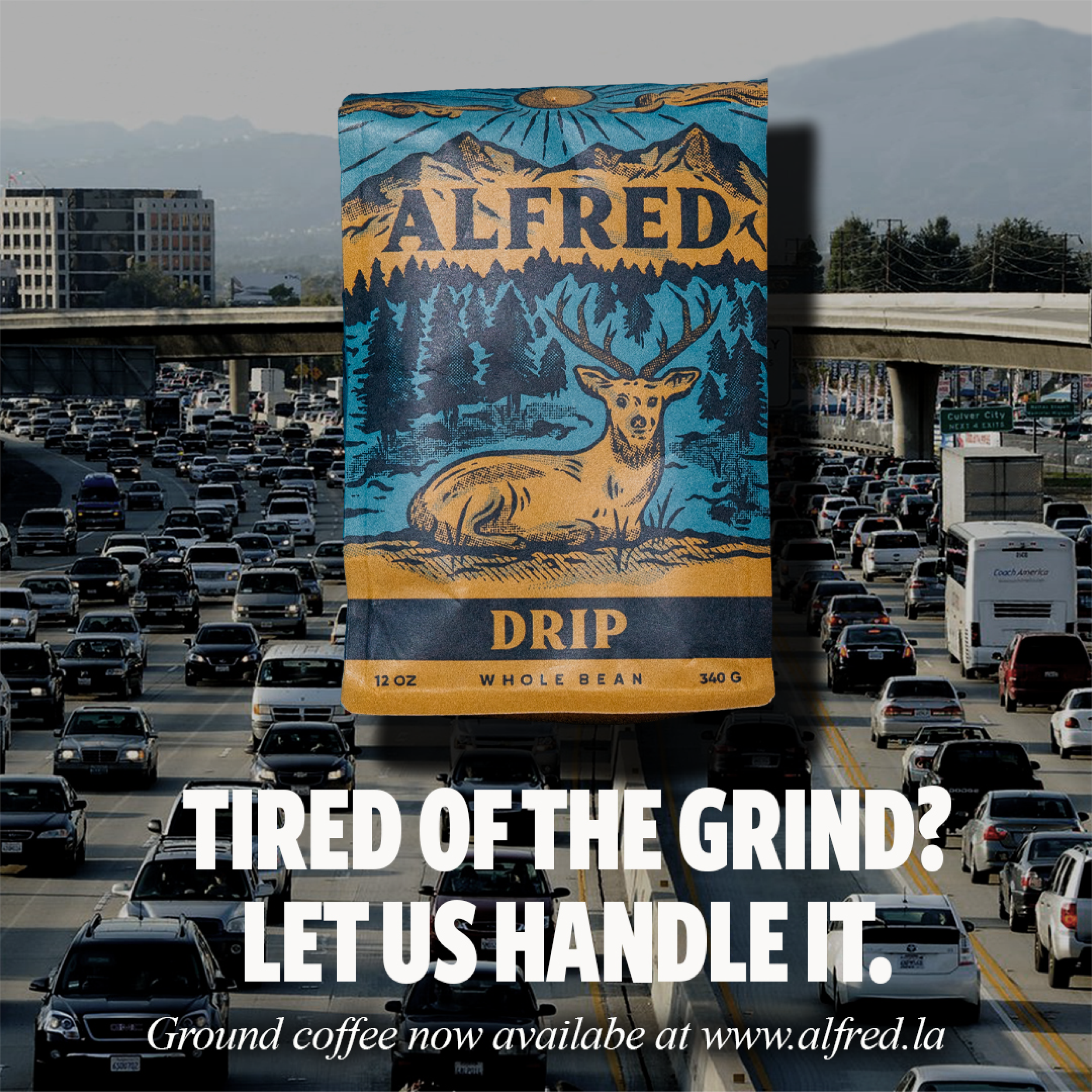 A colorful sign featuring mountains, trees, and an elk with the text 'ALFRED' and 'DRIP' over a busy freeway filled with cars and trucks, with a cityscape and distant mountains in the background.