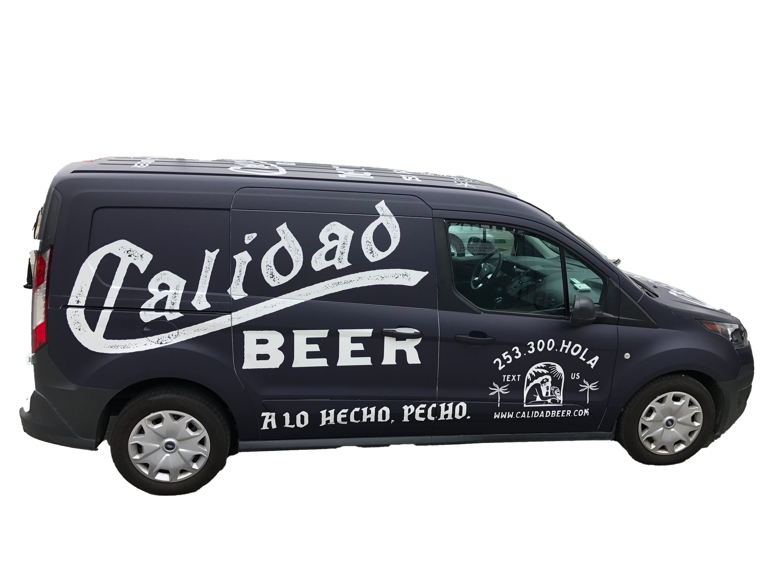 Black delivery van with white lettering advertising a beer company, parked on a street.