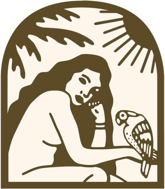 Illustration of a woman smiling with long hair sitting next to a parrot, with palm trees and a sun in the background in a monochromatic art style.