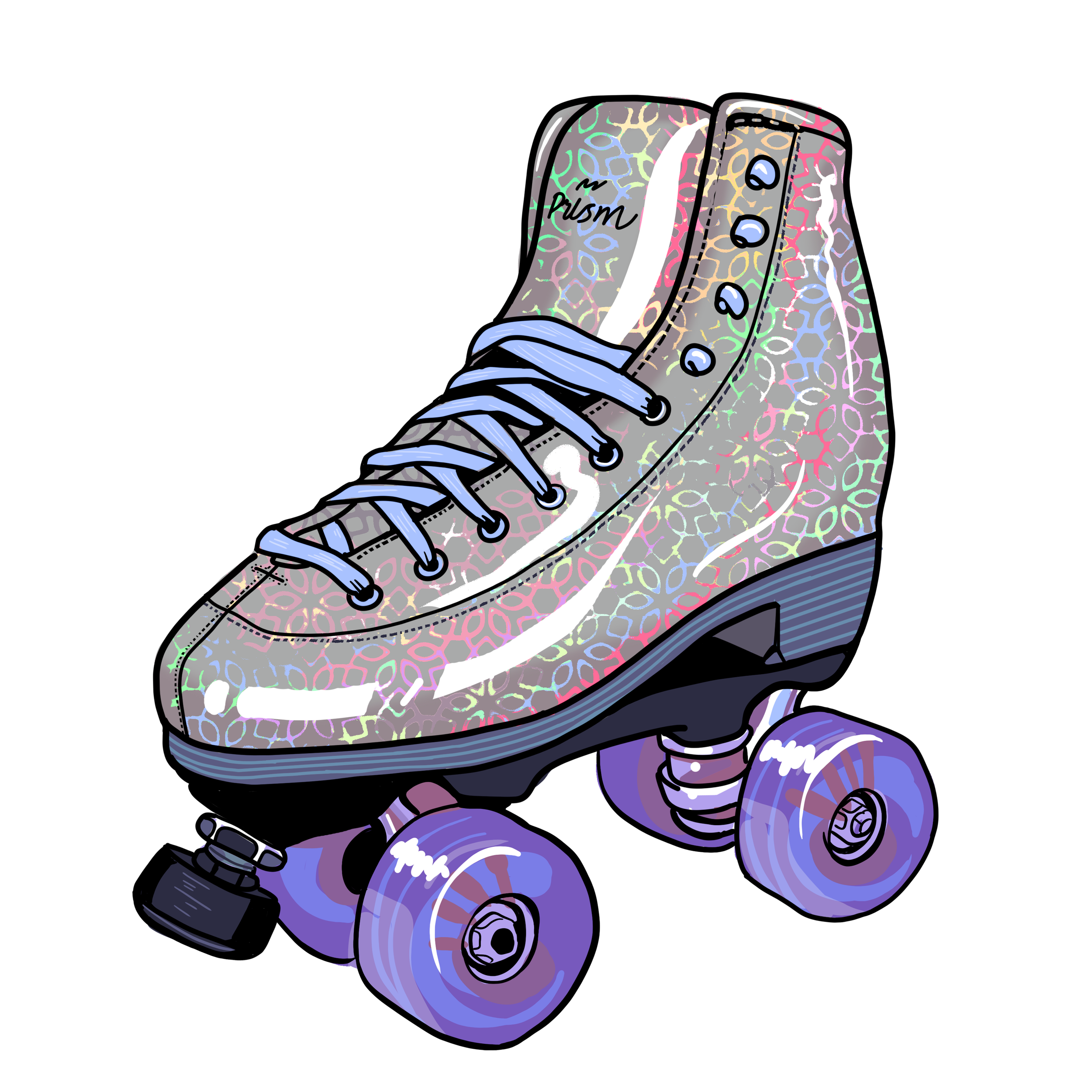 A digital illustration of an athletic shoe featuring a colorful, iridescent pattern on the fabric, with light blue laces, black eyelets, and a dark sole. The shoe has the words "M Pusm" written on the side.
