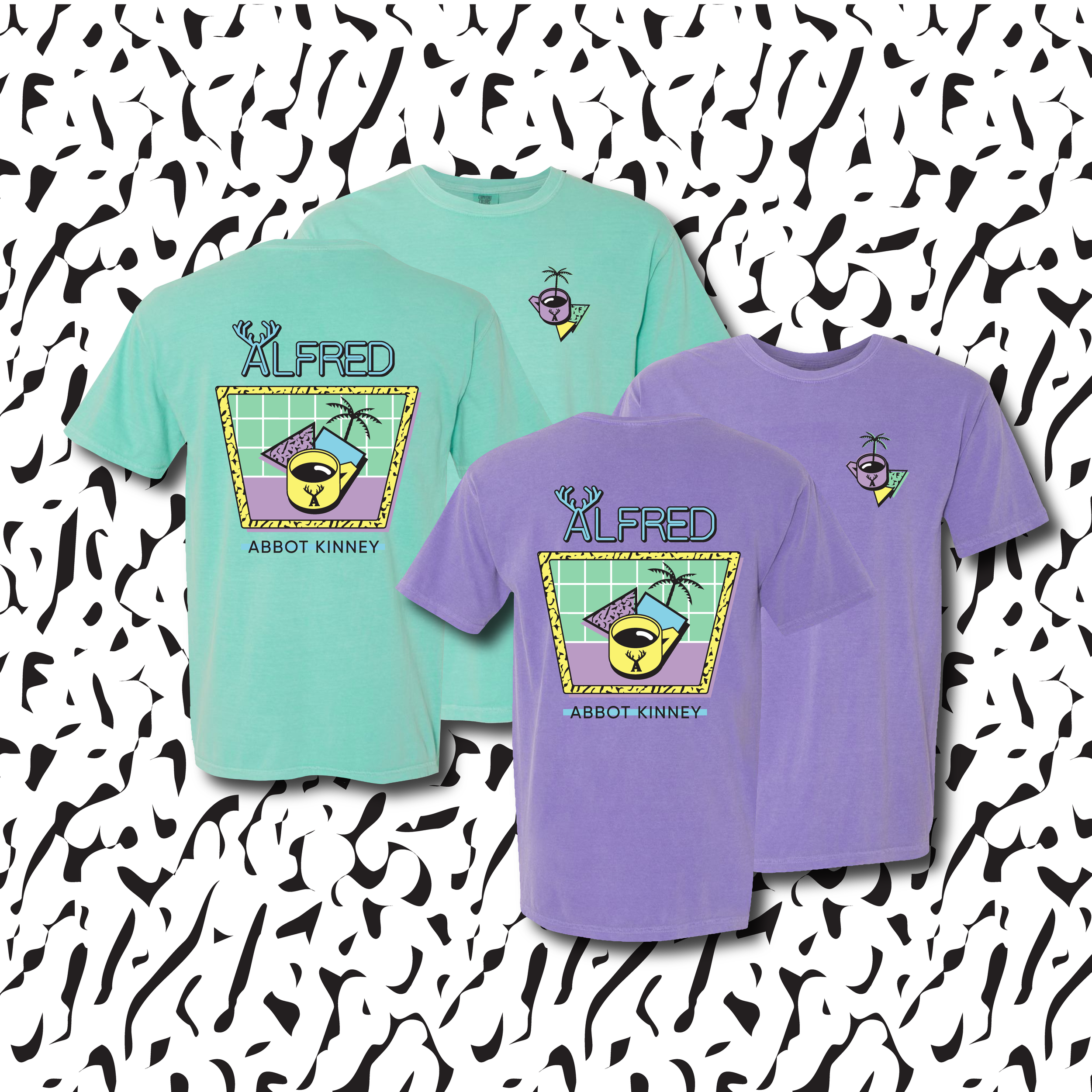 Three colorful t-shirts featuring animated graphics of a coffee mug with a palm tree, a deer logo, and the name 'ALFRED' against a black and white abstract background.