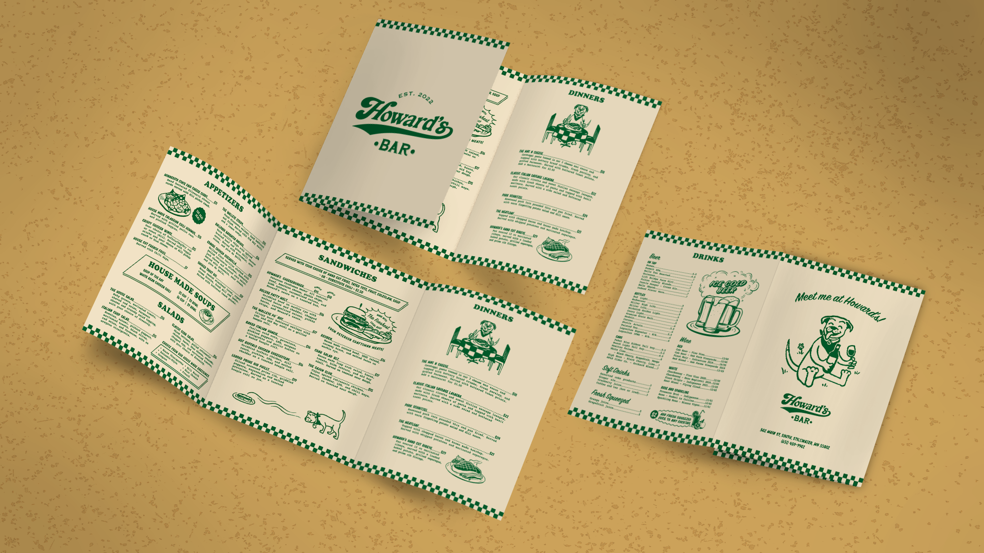 Multiple menus from Howard's Bar, featuring food and drink options, with illustrations of a dog mascot and a beer mug.