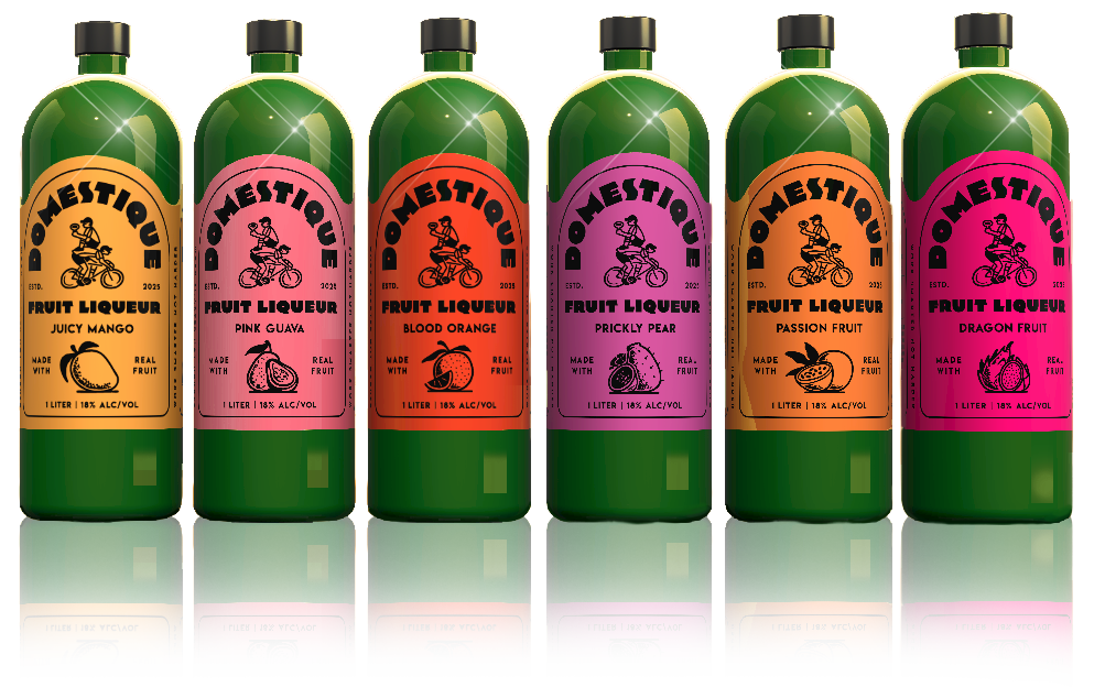 Six bottles of Don Estige fruit liqueur with different flavors, including Juicy Mango, Pink Guava, Blood Orange, Prickly Pear, Passion Fruit, and Dragon Fruit, arranged in a row on a reflective surface.
