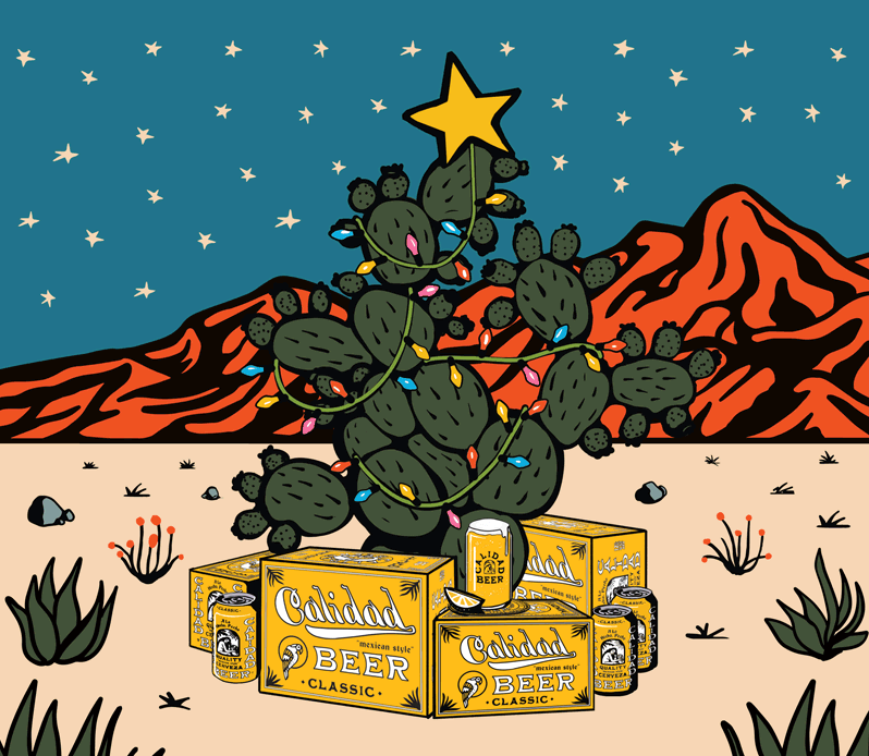A desert scene featuring a cactus decorated with colorful Christmas lights, topped with a yellow star, with a mountain range and a starry sky in the background. In front of the cactus are four yellow boxes labeled 'Calidad Beer' and two cans of beer.