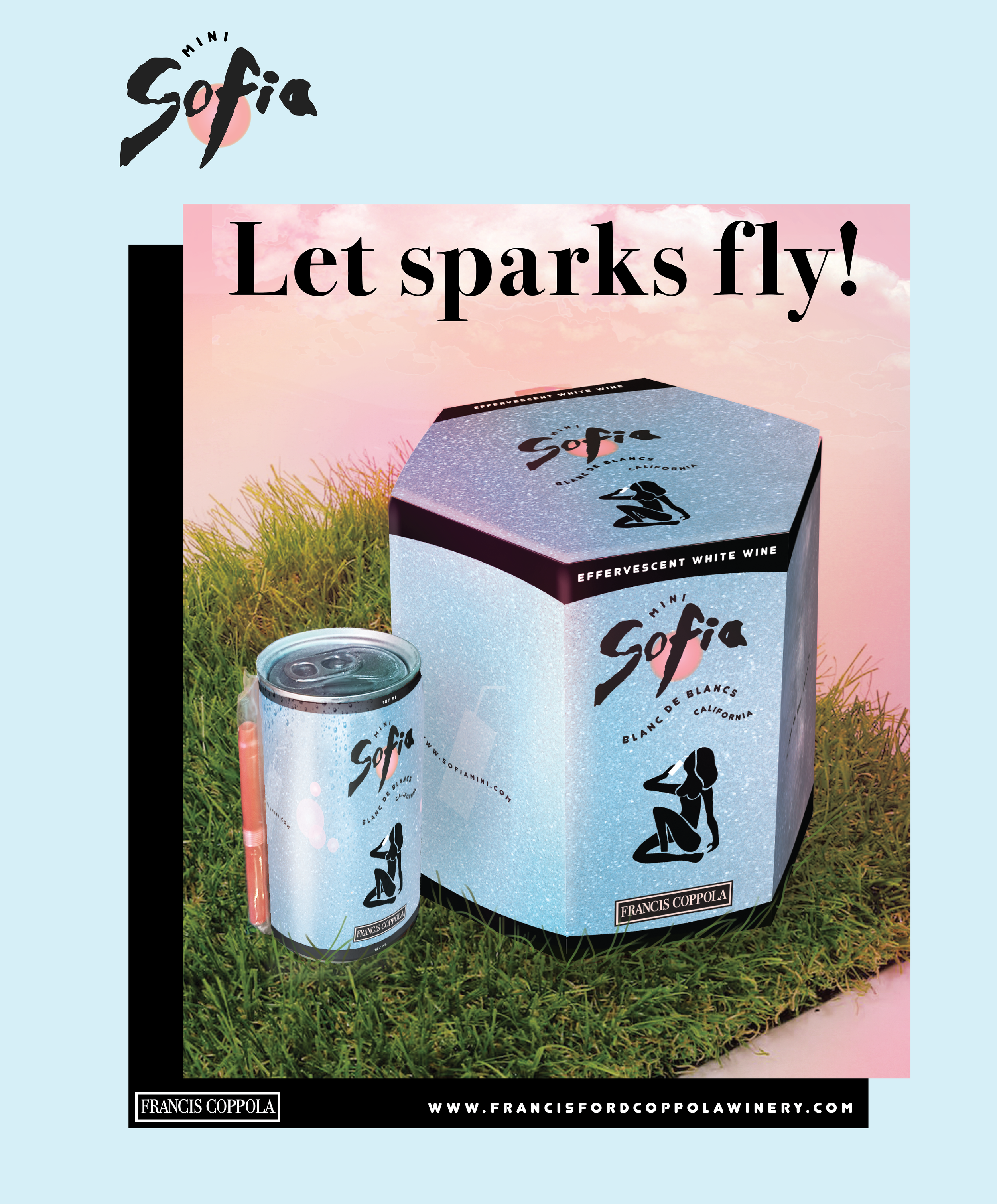 A promotional display for Sofia Mini Blanc de Blancs sparkling wine featuring a pink and blue color scheme with a background of a pink sky and lightning, and a black silhouette of a woman sitting on the ground. The display includes the winery's name,