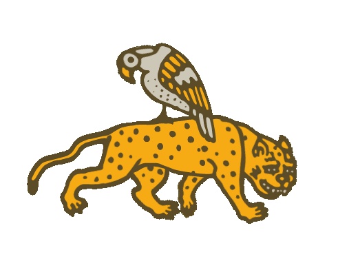 Illustration of a leopard with a bird perched on its back against a brown background.