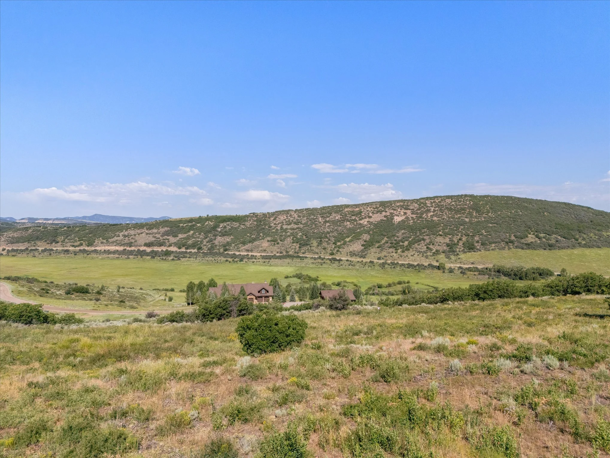 Open landscape with grassy fields, scattered trees, a few houses, and a hill in the background under a clear blue sky.