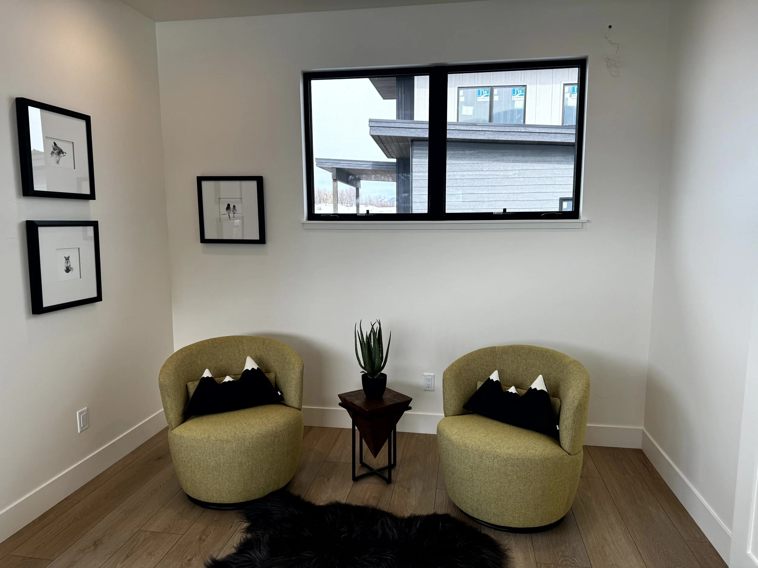 Modern living room corner with two green swivel chairs, black pillows, a small wooden table with a potted plant, black and white framed artwork on the walls, a window, and a dark rug on the wooden floor.