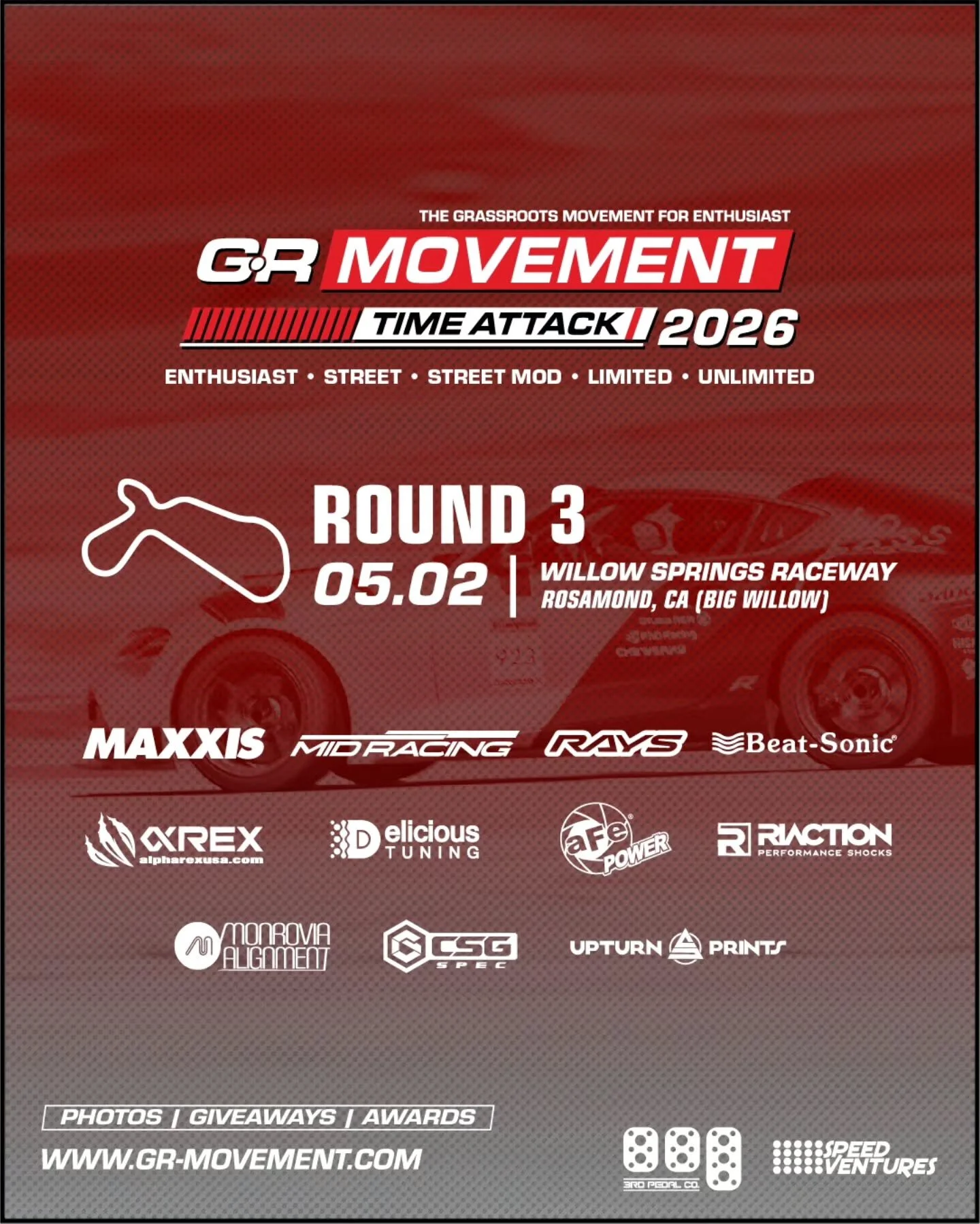 Round 3: Big Willow!  We're back to this track after 3 years. Don't get stuck on the wait-list. Register asap!!
🗓️: 05/02/2026
🏁: Willow Springs Raceway 
.
.
.
@maxxistires 
@midwheels_byrays 
@afepower 
@beatsonicusa 
@monrovia_alignment
@alpharex