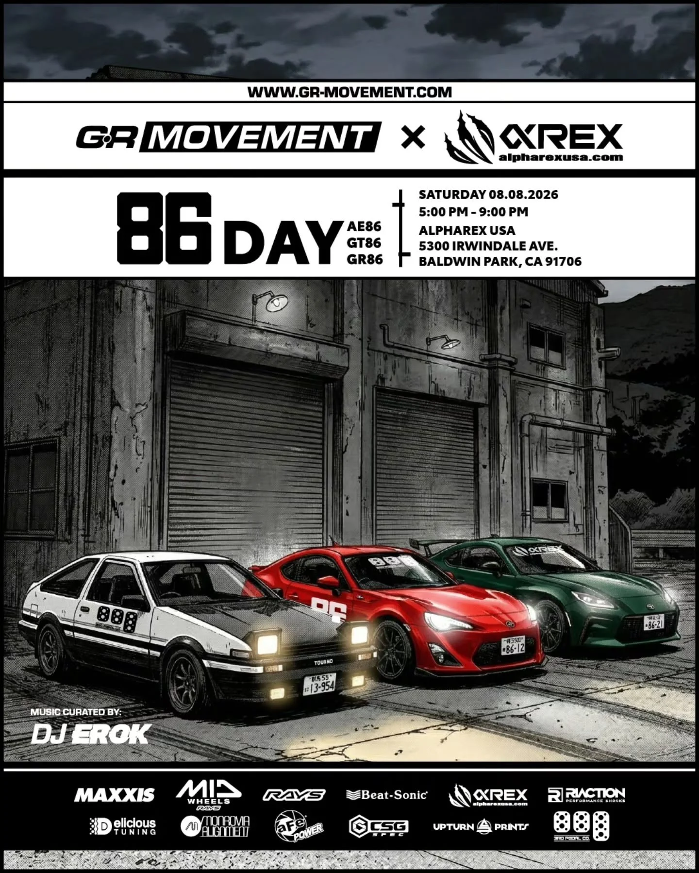 ‼️SAVE THE DATE‼️ Calling all 86, FRS, AE86 lovers. We are teaming up with @alpharexusa to celebrate all things 86. Join us on August 8th from 5PM-9PM at Alpharex HQ in Baldwin Park! 
.
.
📅 August 8th 2026
⏲️ 5PM-9PM
📍 5300 Irwindale Ave Baldwin Pa