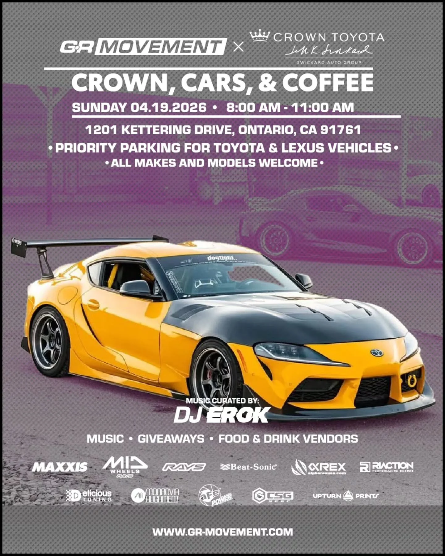 Who's ready? We are! Join us this Sunday for the GR Movement x Crown Toyota Cars + Coffee. There will be food, drinks, music, giveaways, and raffles! You won't want to miss it! 
.
.
📅 April 19th 2026
⏲️ 8AM-11AM
📍 Crown Toyota Ontario
.
.
#GRMoveme