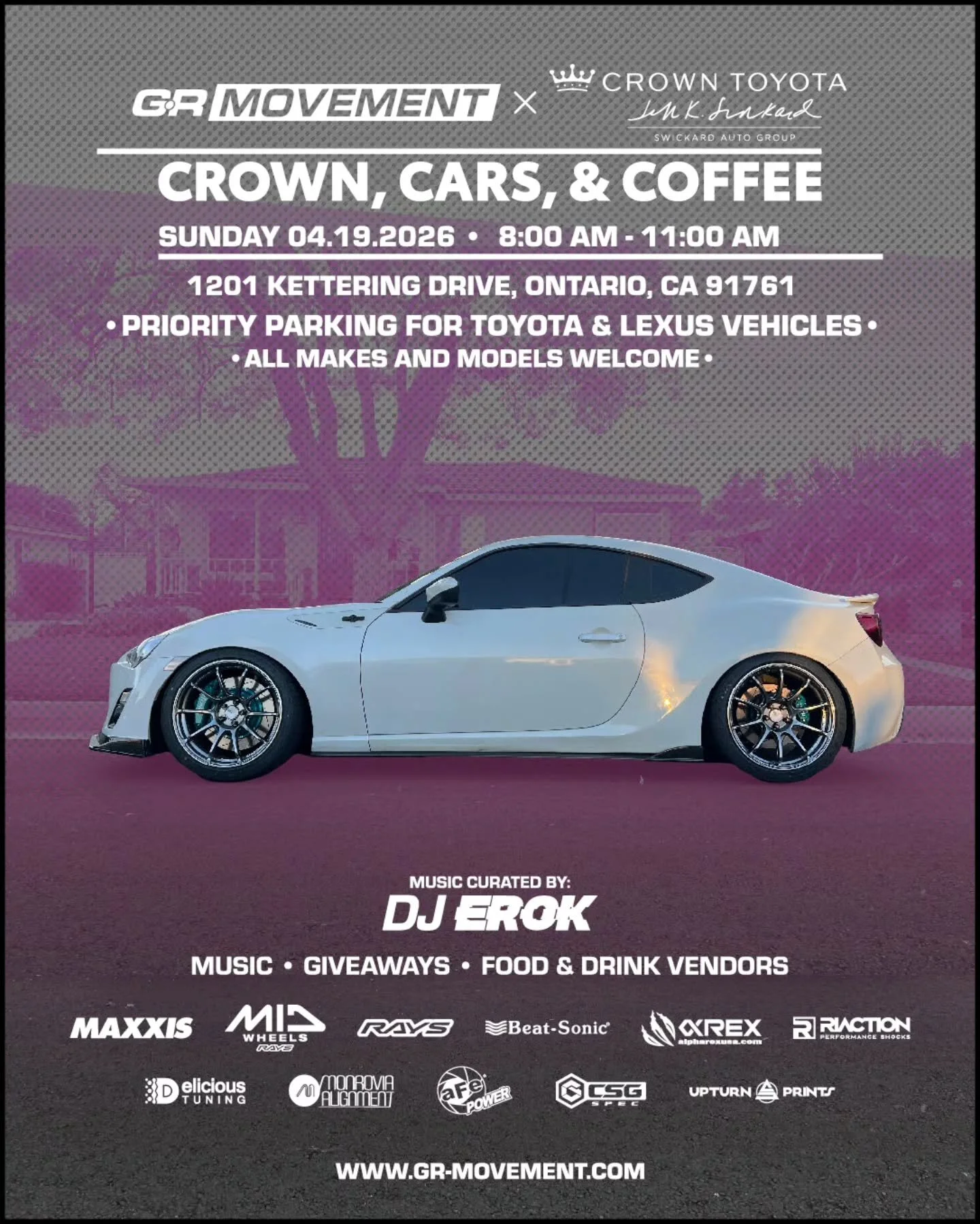 Did you set your alarm for tomorrow?! Event starts at 8AM. Come hang out to some amazing music, food and drinks. We have some amazing vendors, so come out and meet them...
.
.
📅 April 19th 2026
⏲️8AM-11AM
📍Crown Toyota Ontario
.
.
#GRMovement #3rdp