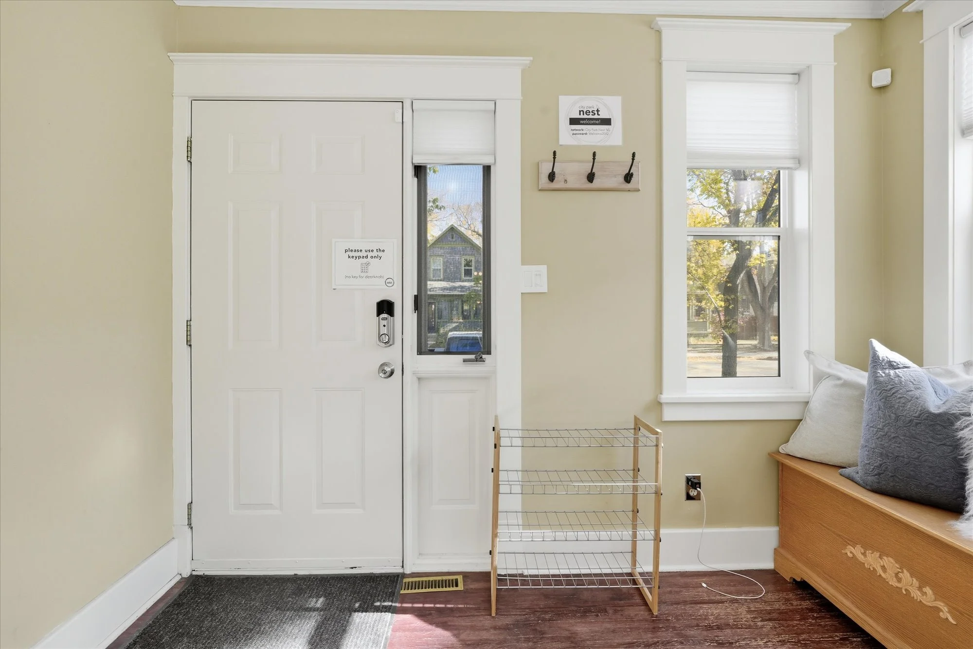 front entryway has plenty of room for getting ready to head out on the town.
